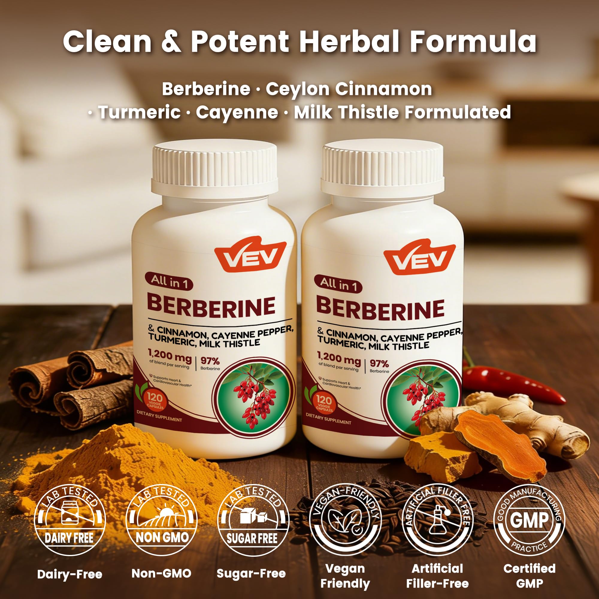 VEV Berberine 5-in-1 Herbal Supplement side view of bottle