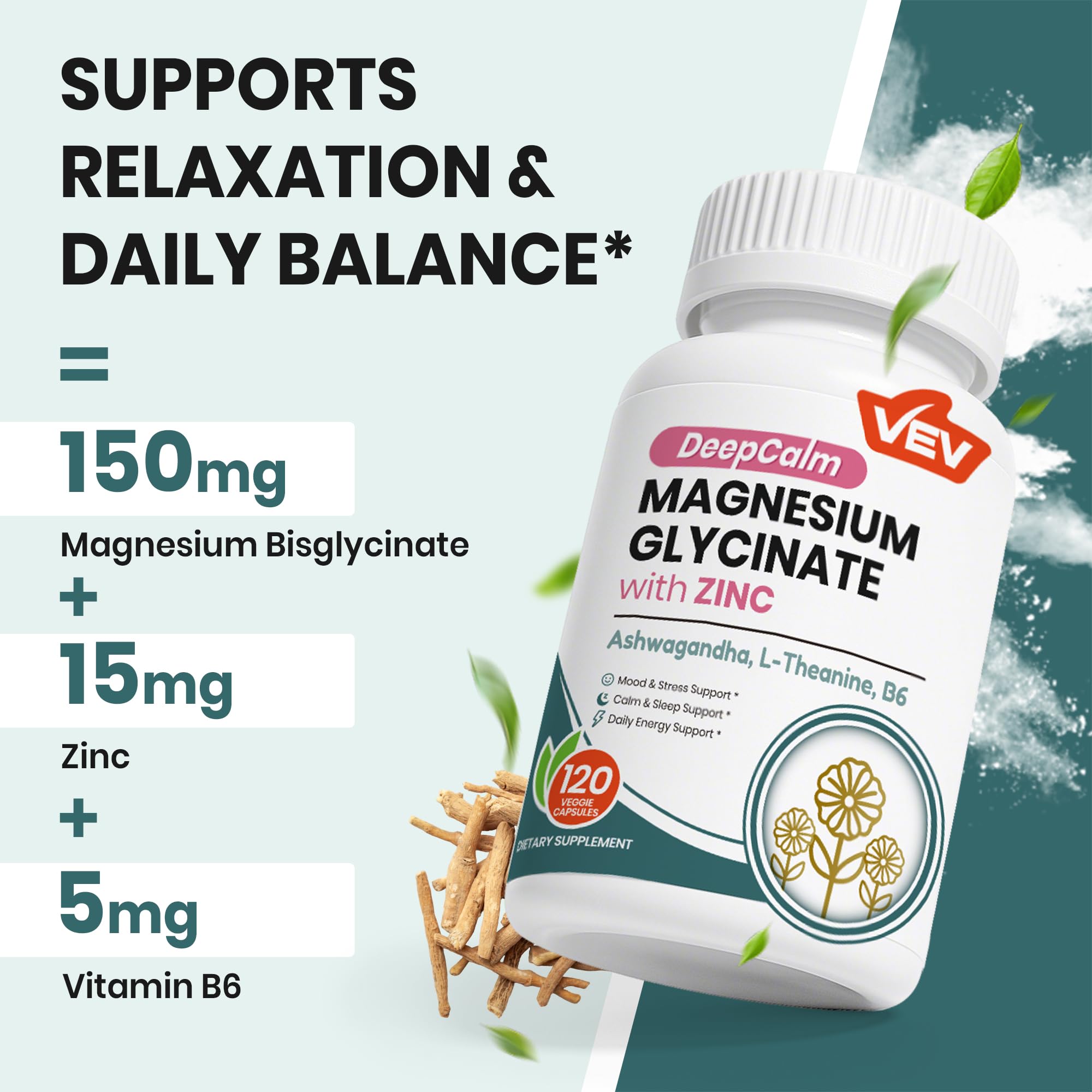 VEV Magnesium Bisglycinate 150mg with Zinc & B6 back view