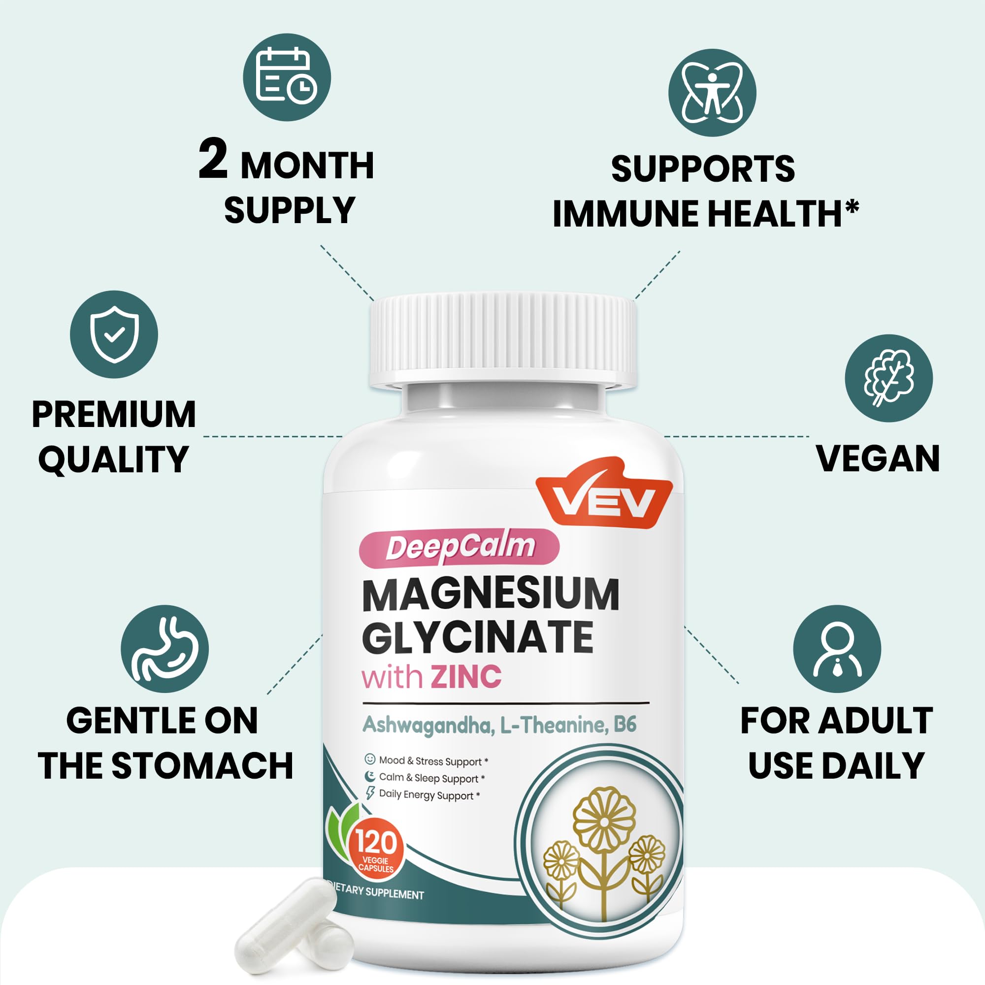 VEV Magnesium Bisglycinate 150mg with Zinc & B6 product packaging