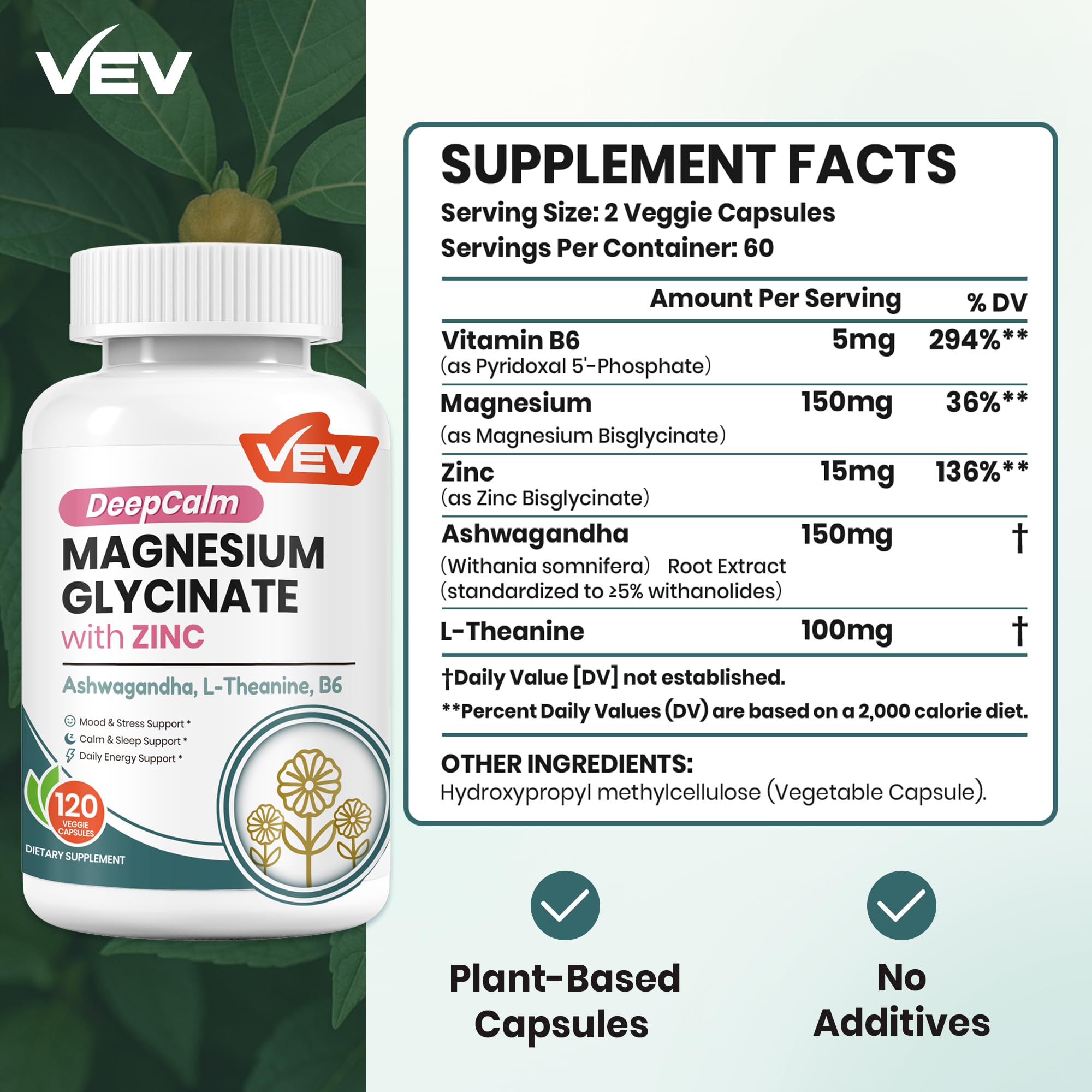 VEV Magnesium Bisglycinate 150mg with Zinc & B6 side view