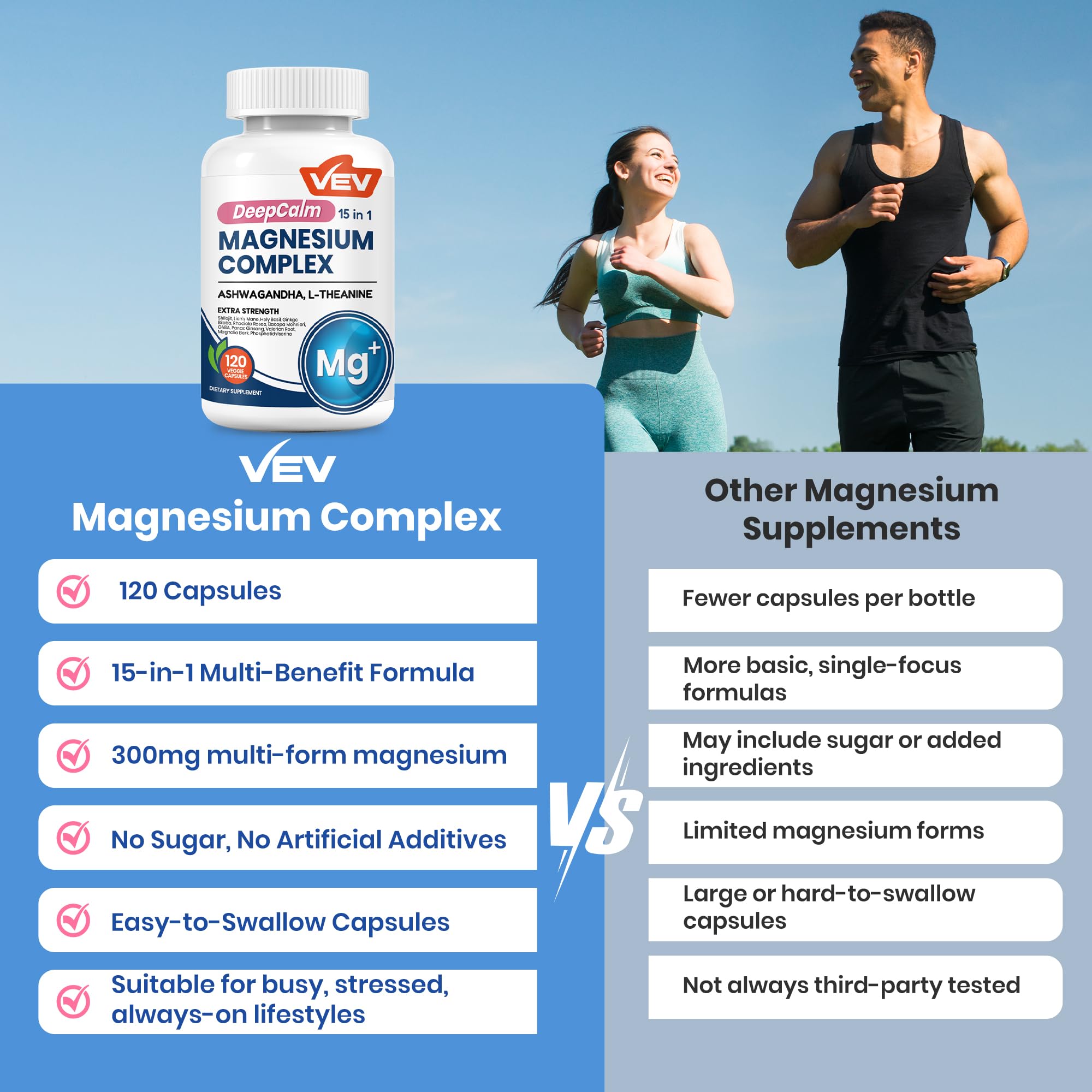 VEV Magnesium Complex 300mg 15-in-1 Vegan Capsules with Ashwagandha and L-Theanine