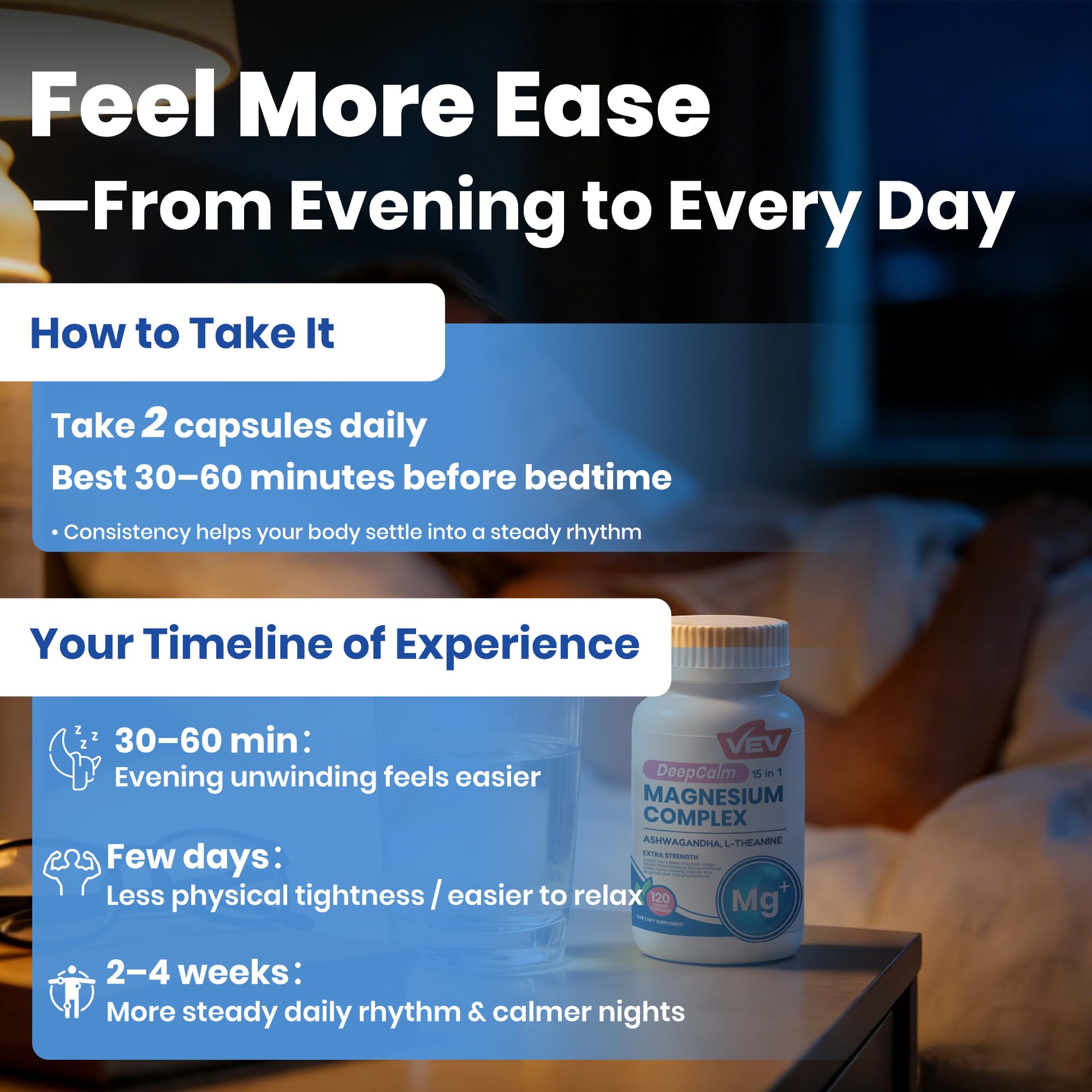 VEV Magnesium Complex 300mg capsules in a hand