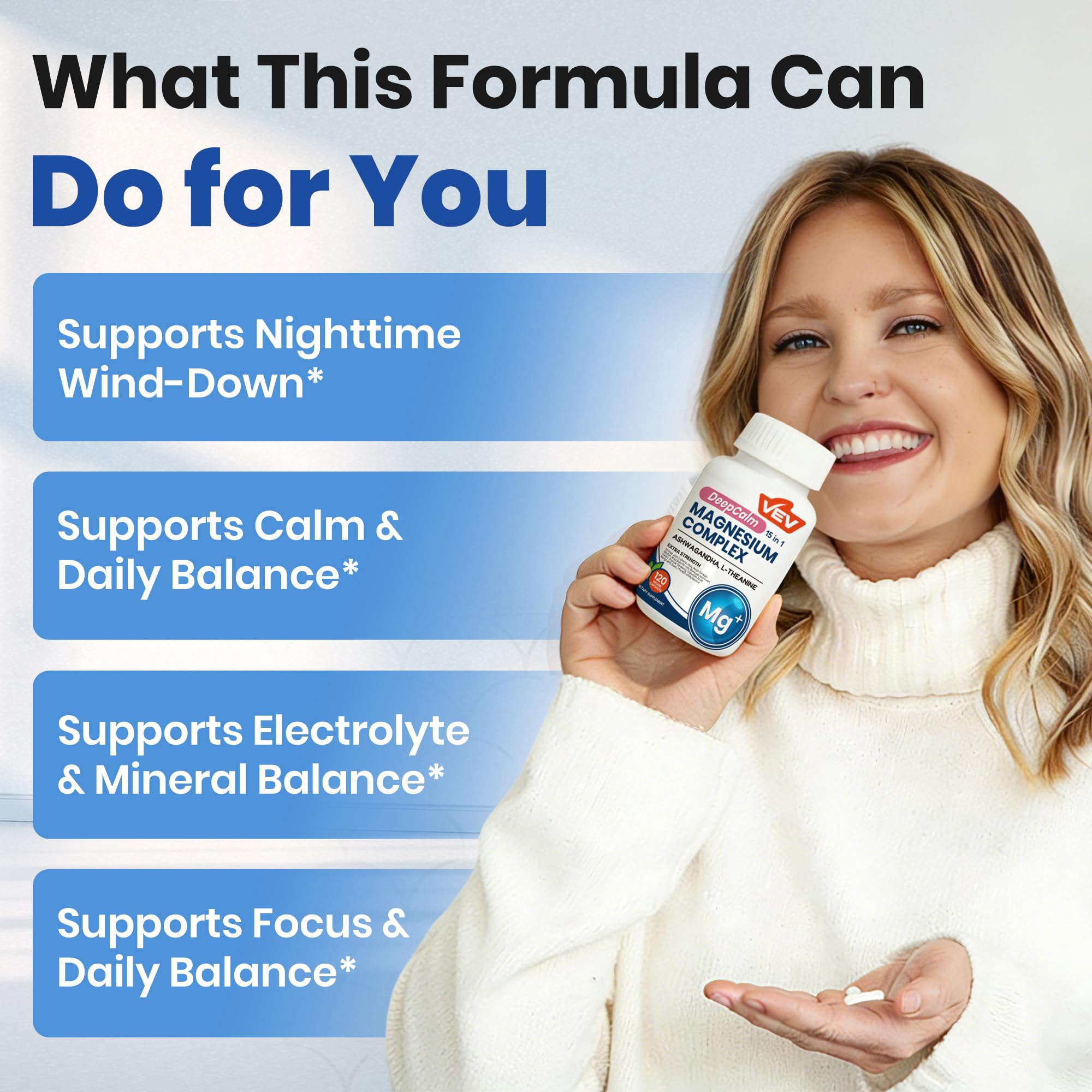 VEV Magnesium Complex 300mg capsules on a wooden table