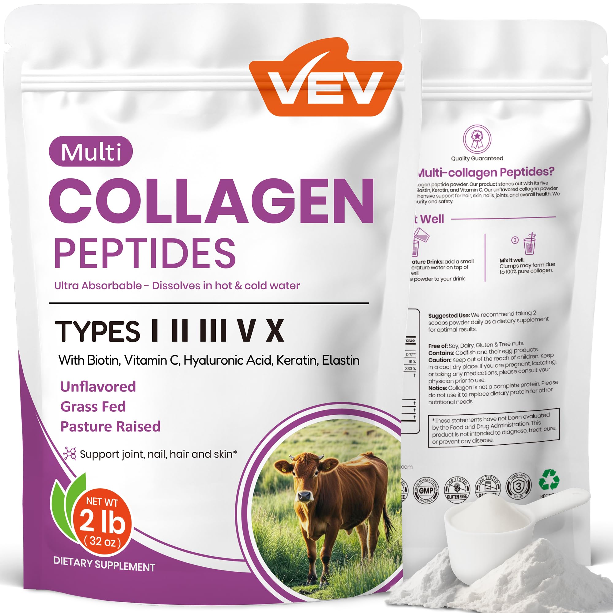 VEV Multi Collagen Peptides Powder 32 oz front view