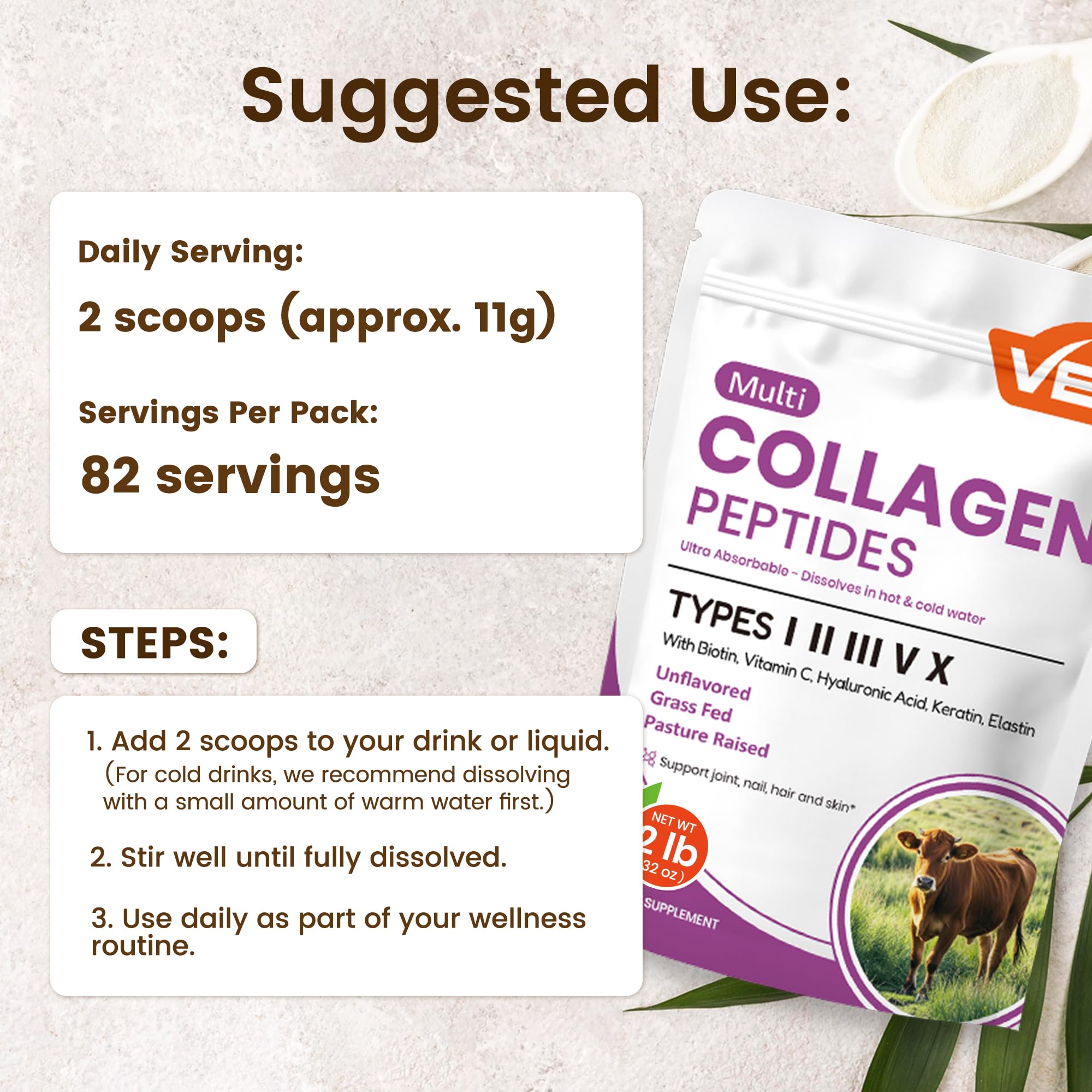 VEV Multi Collagen Peptides Powder in a coffee