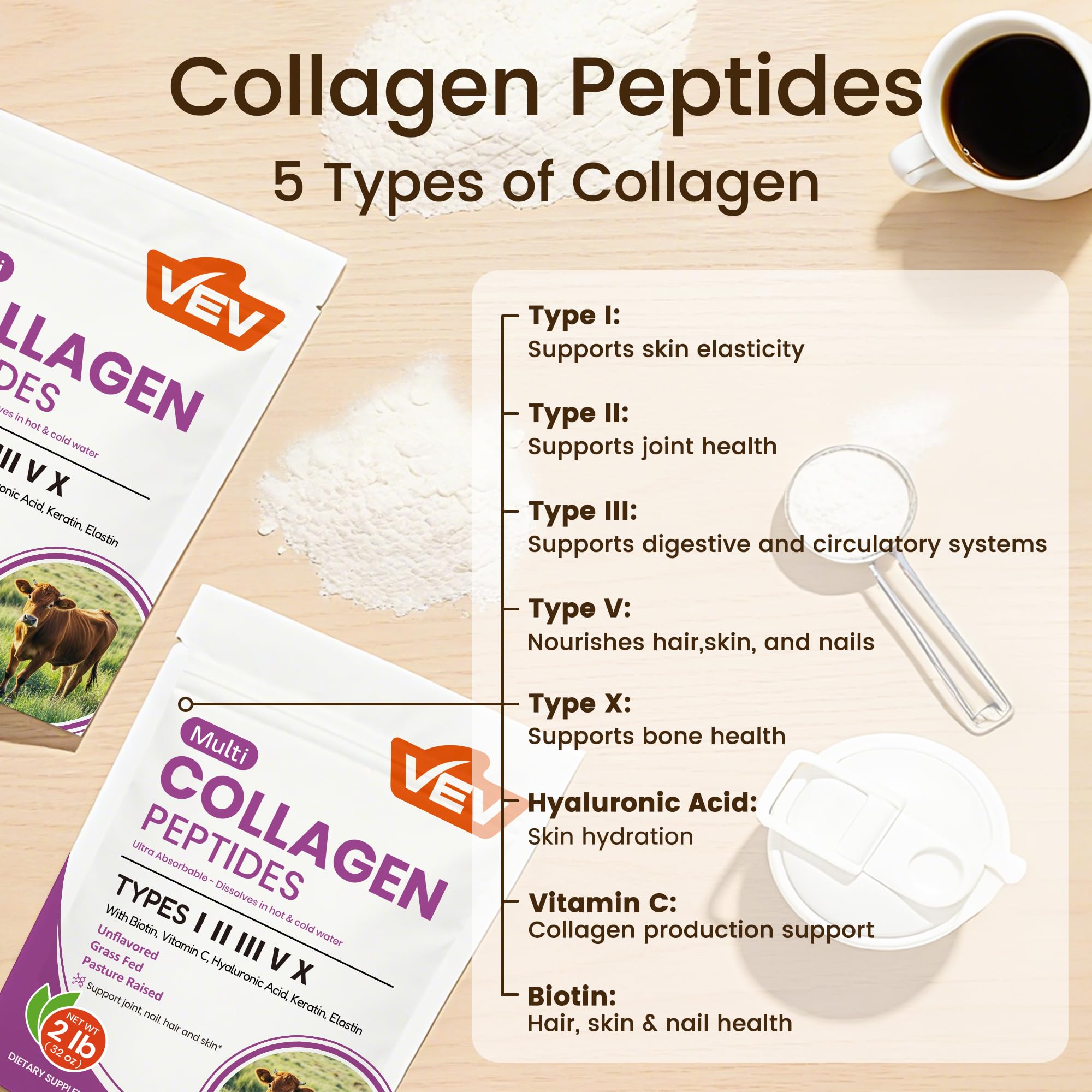 VEV Multi Collagen Peptides Powder scoop for measuring
