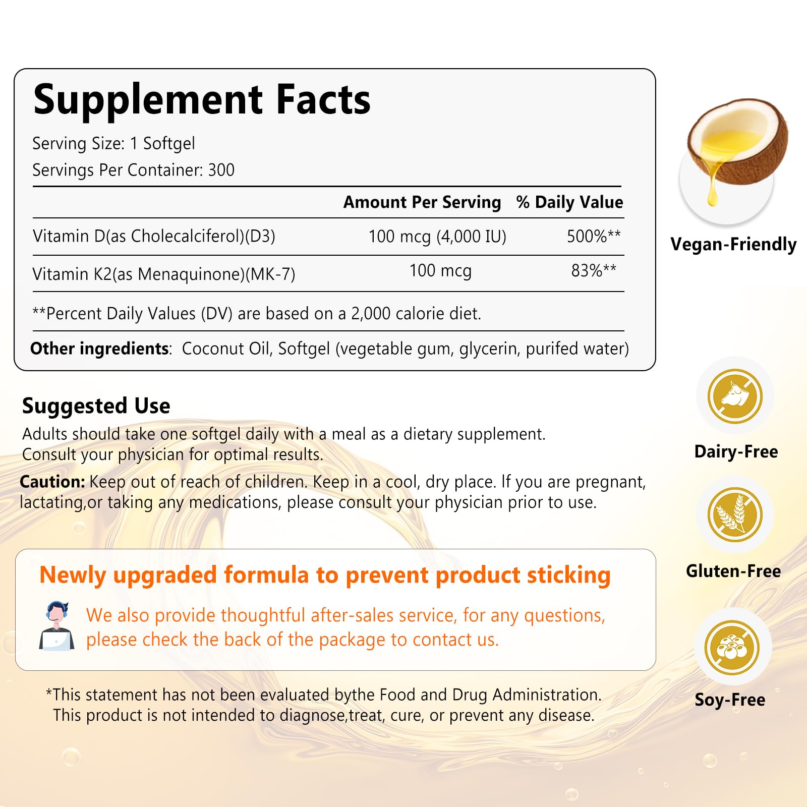 VEV Vitamin D3 & K2 Supplement 4000 IU softgel back view