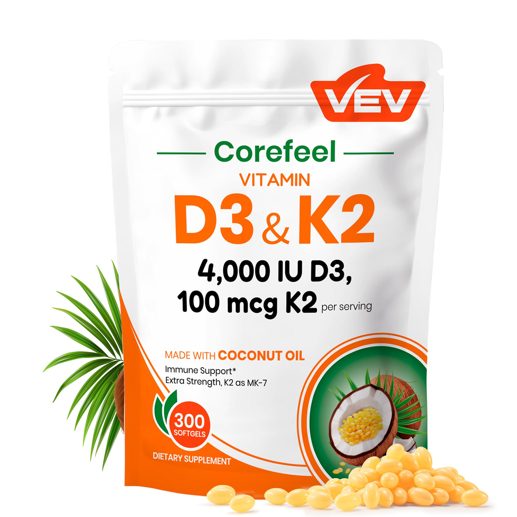VEV Vitamin D3 & K2 Supplement 4000 IU softgel front view
