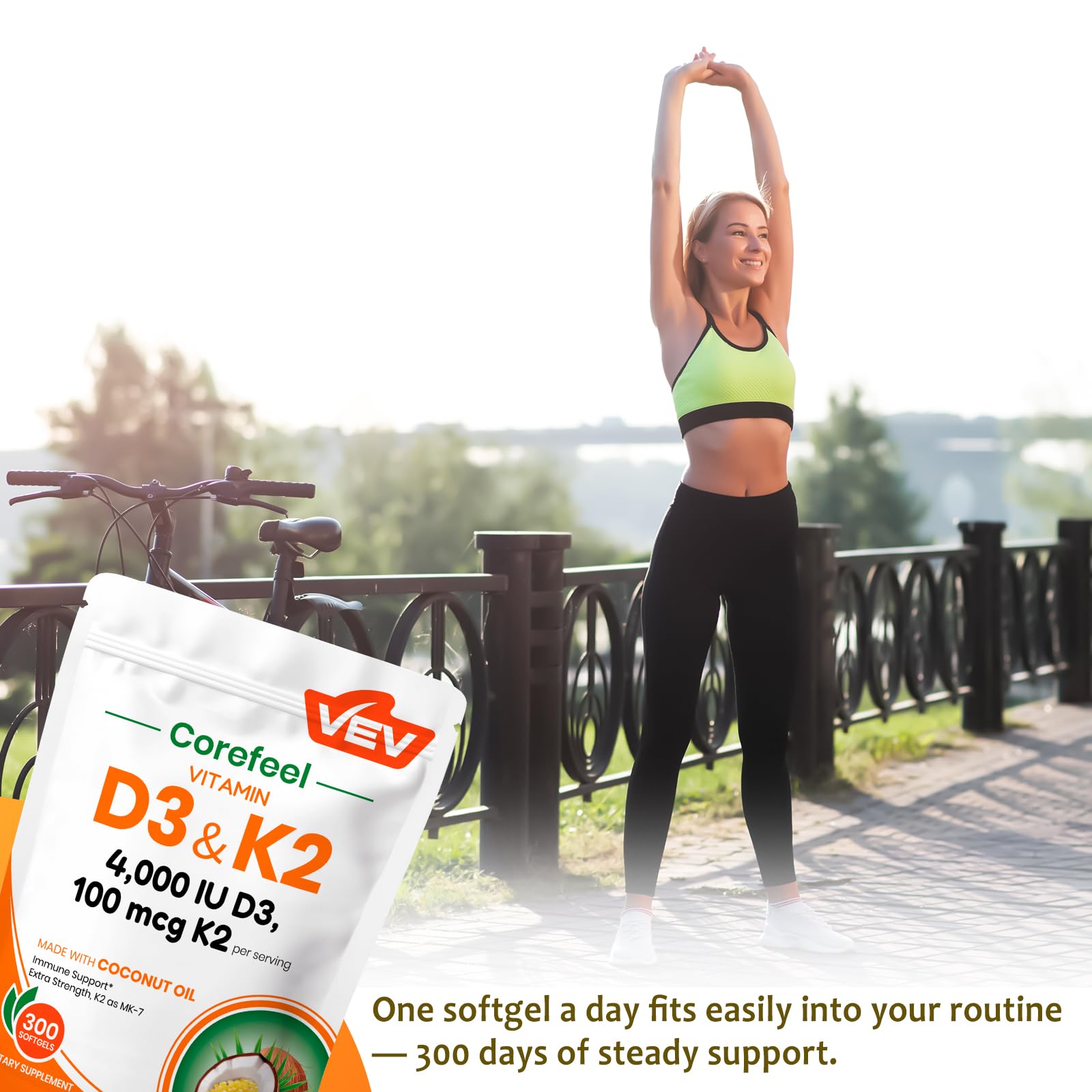 VEV Vitamin D3 & K2 Supplement softgel on a wooden table