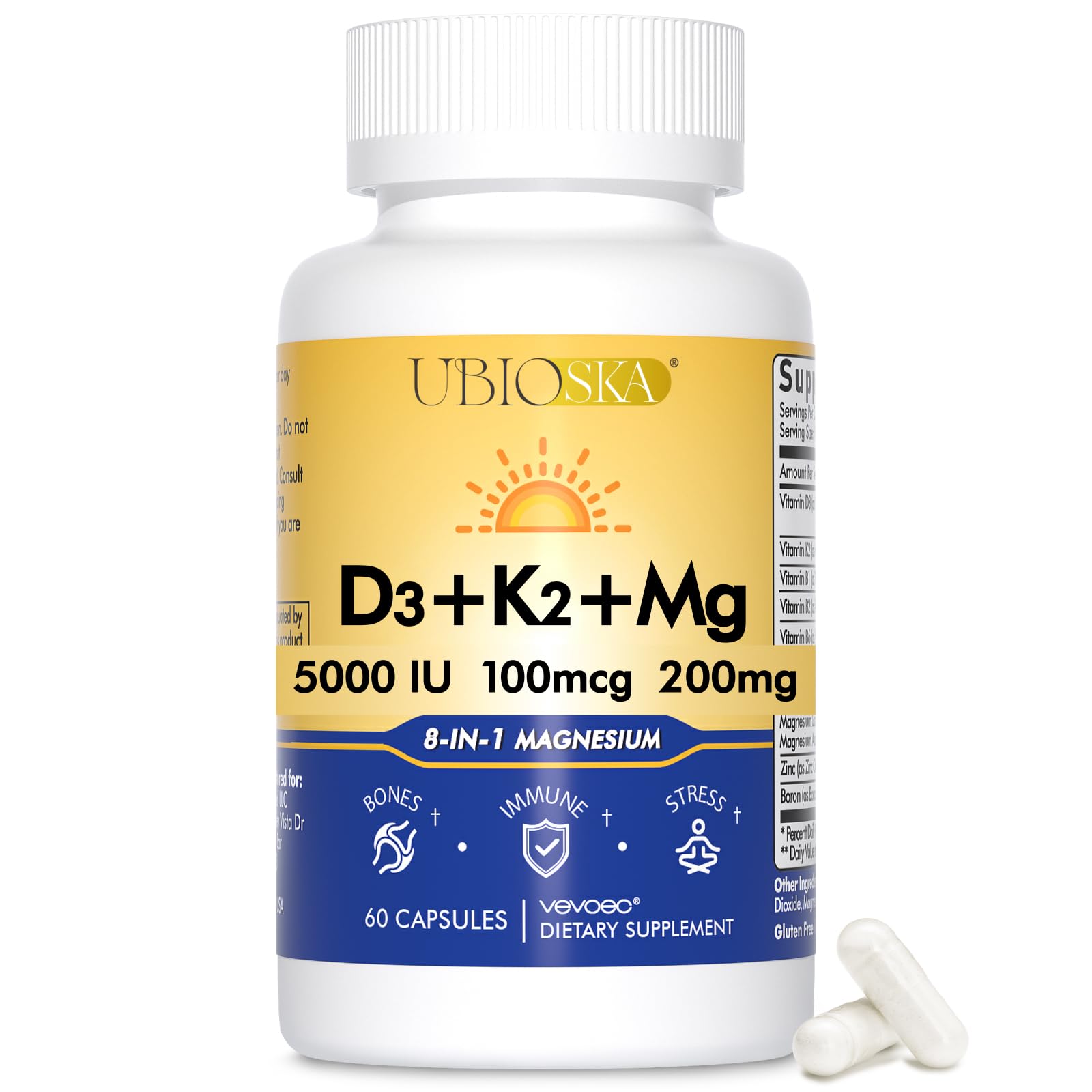 Vevoec Vitamin D3 K2 Magnesium Supplement 5000 IU capsule front view