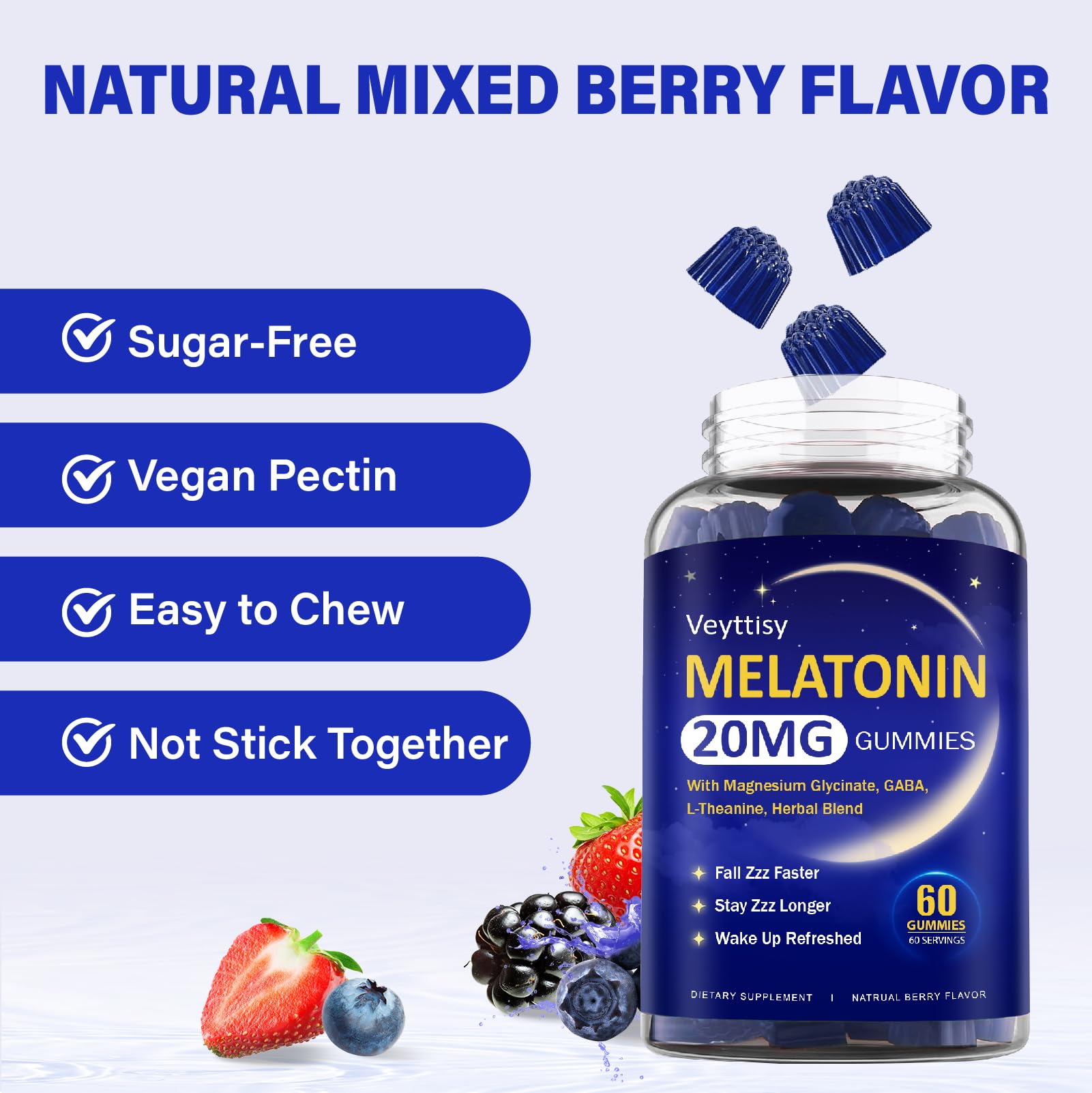 Veyttisy Melatonin Gummies 20mg displayed on a wooden table