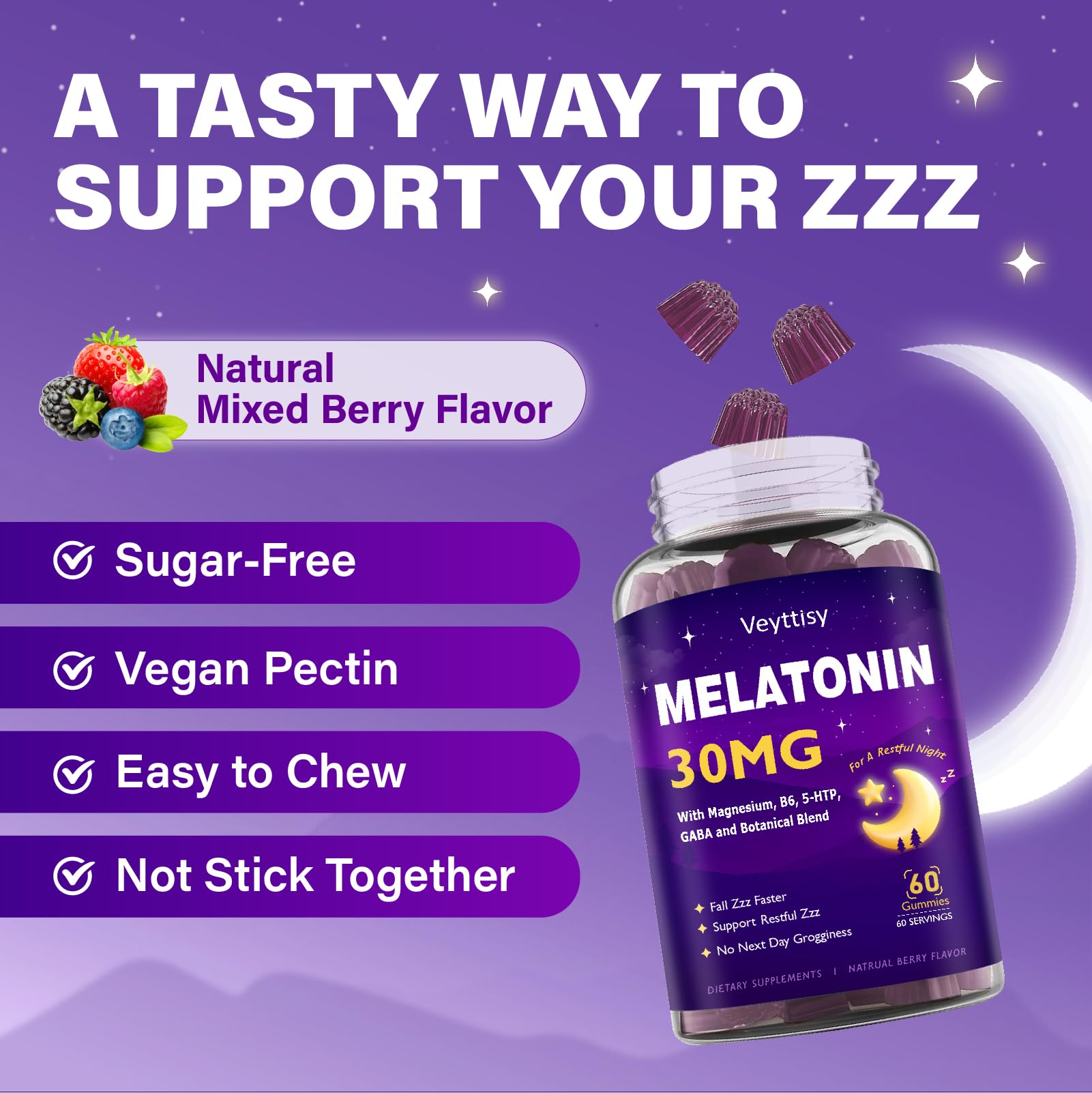 Veyttisy Melatonin Gummies 30mg bottle with a serene background