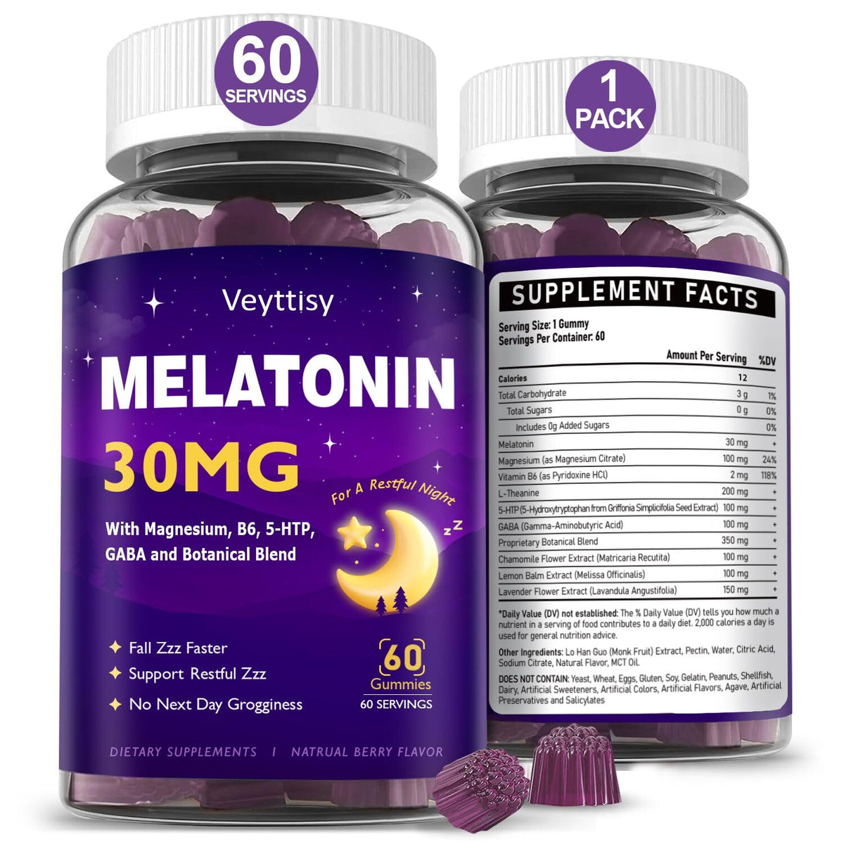 Veyttisy Melatonin Gummies 30mg front view with mixed-berries flavour