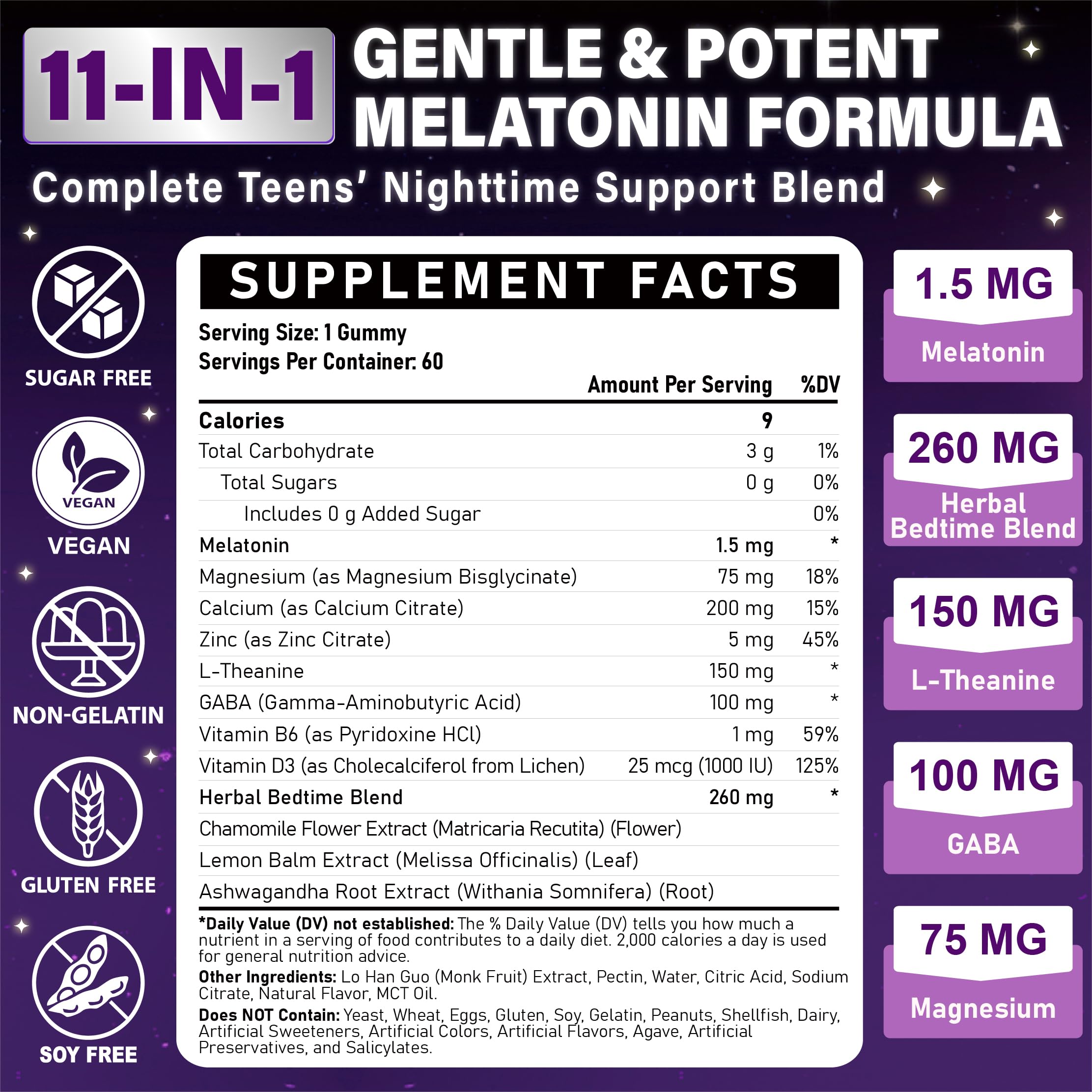 Veyttisy Teens Melatonin Gummies 1.5mg back view