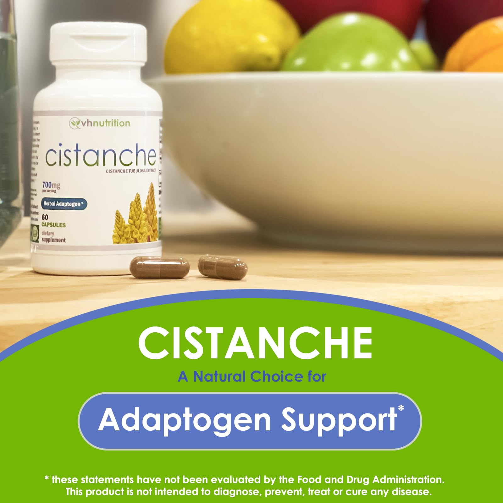 VH Nutrition Cistanche Mushroom Extract side view with dosage information
