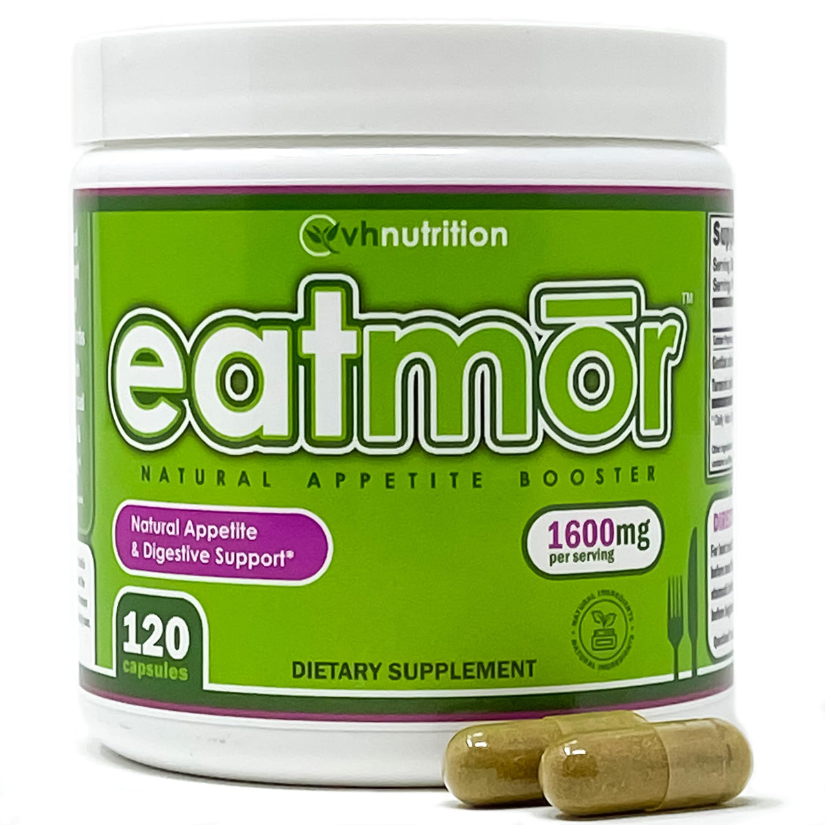VH Nutrition Eatmor Weight Gain Pills front view with label