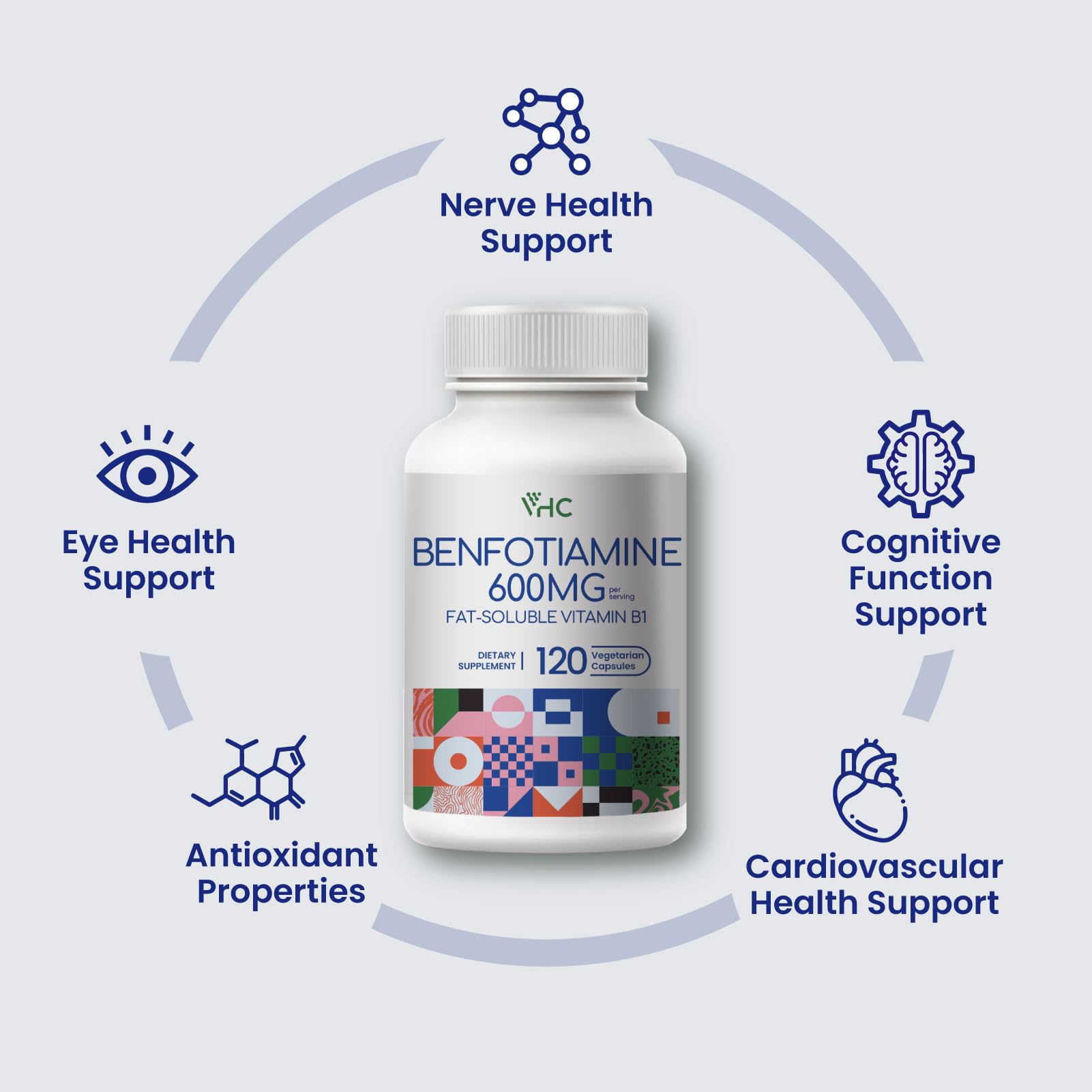 VHC Benfotiamine 600mg supplement packaging with dimensions