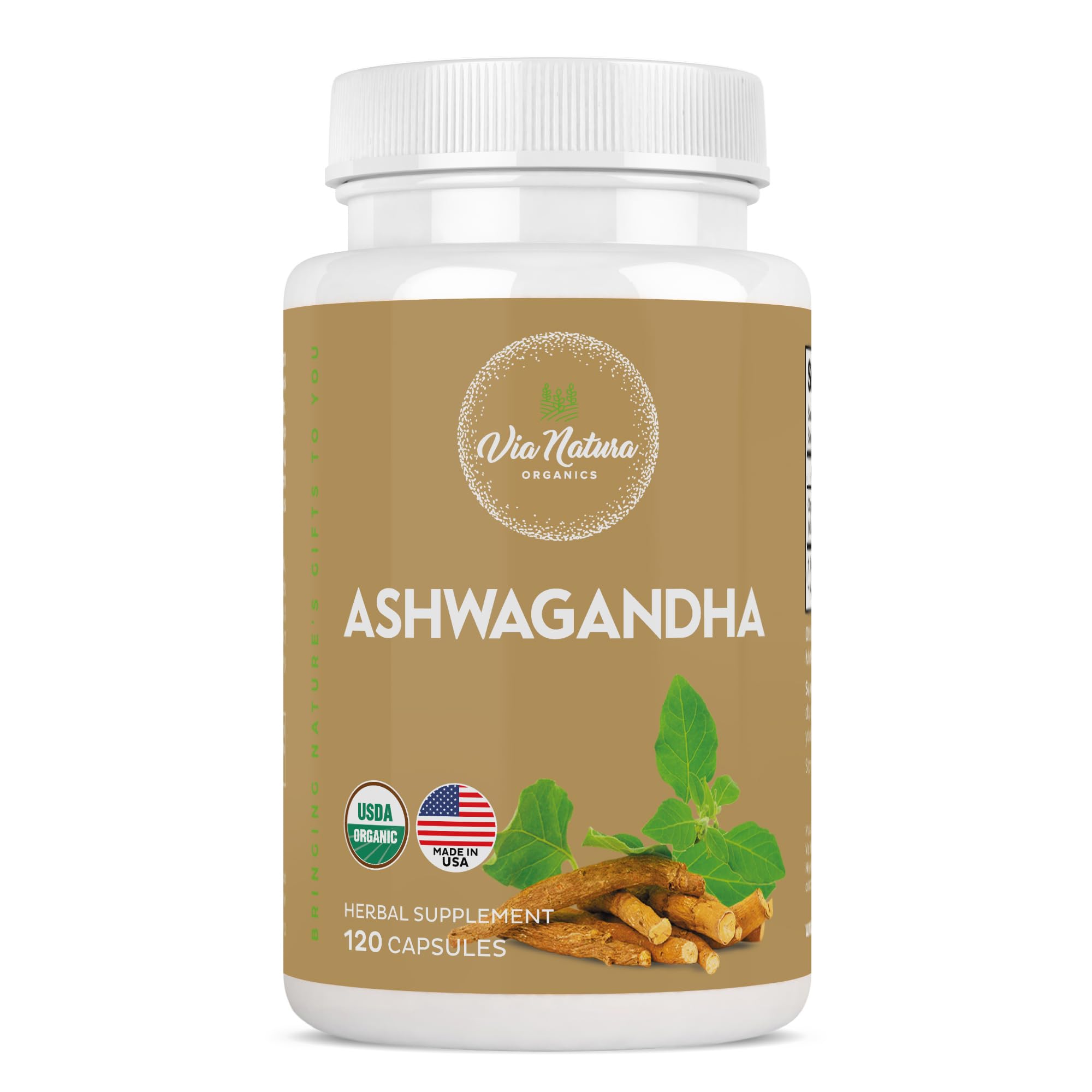 Via Natura Organics Organic Ashwagandha bottle front view with 120 capsules