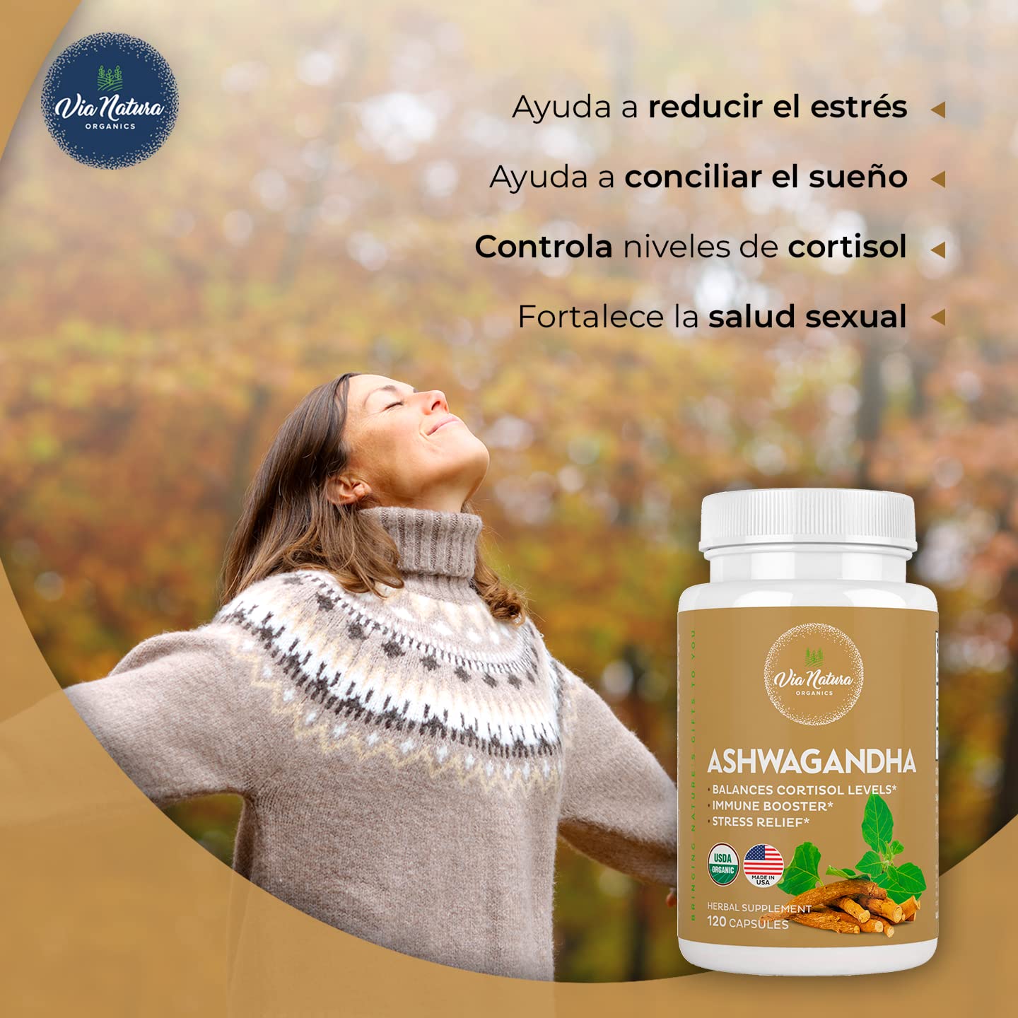 Via Natura Organics Organic Ashwagandha capsules on a wooden table