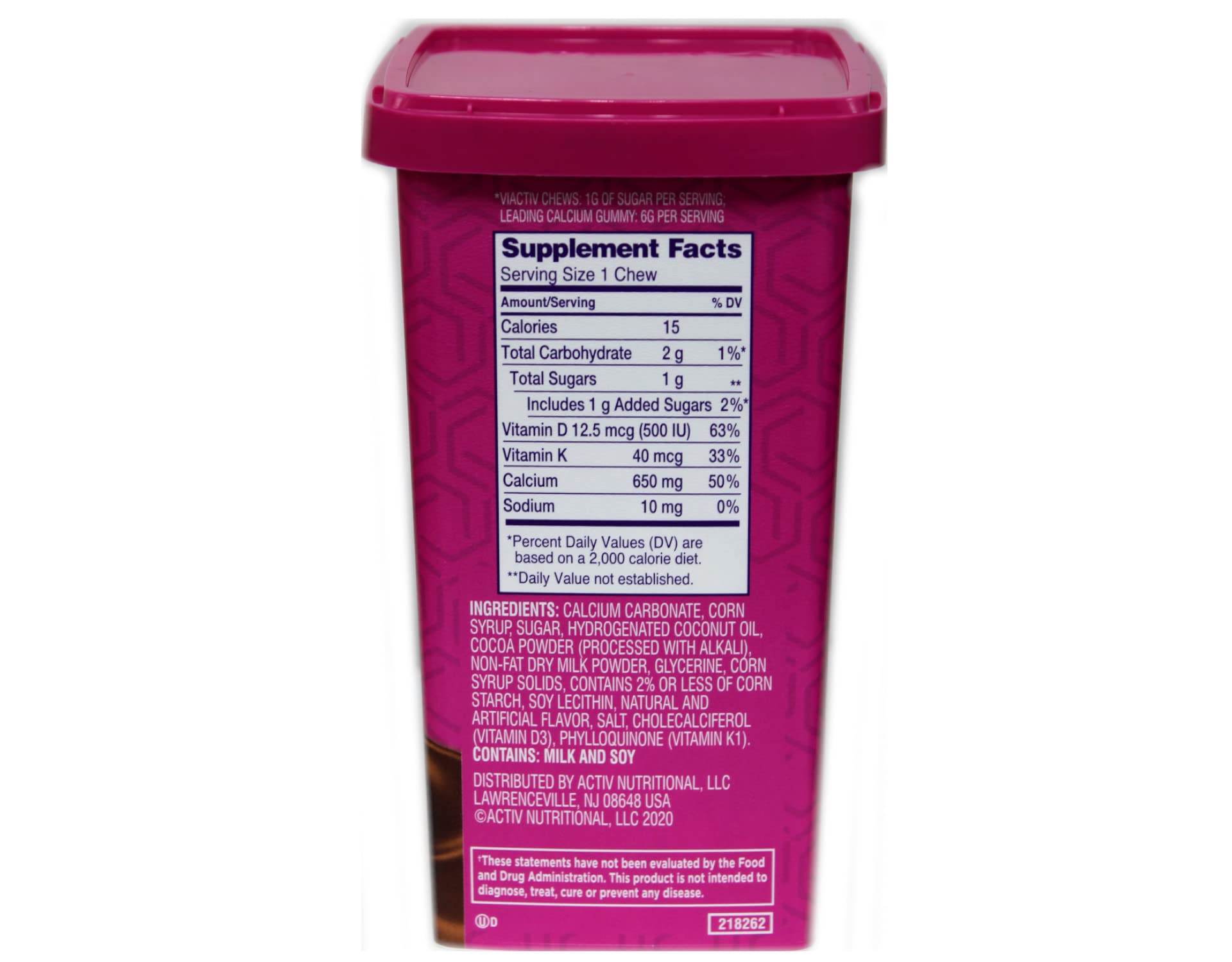 Viactiv Calcium + Vitamin D3 Soft Chews with nutritional information on display
