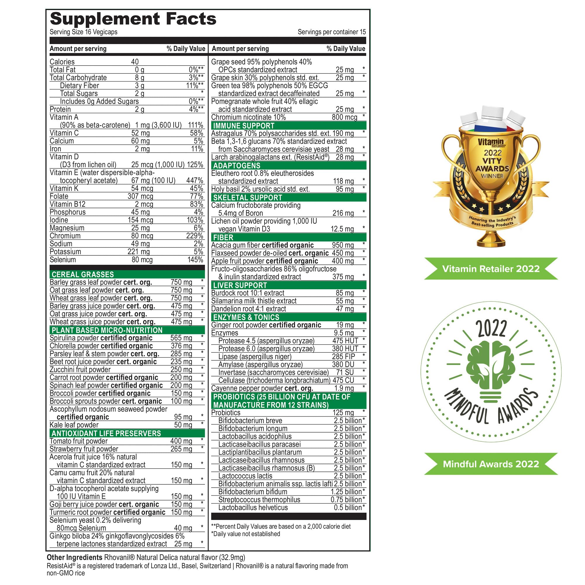 Vibrant Health Spirulina Capsules side view showing capsule count