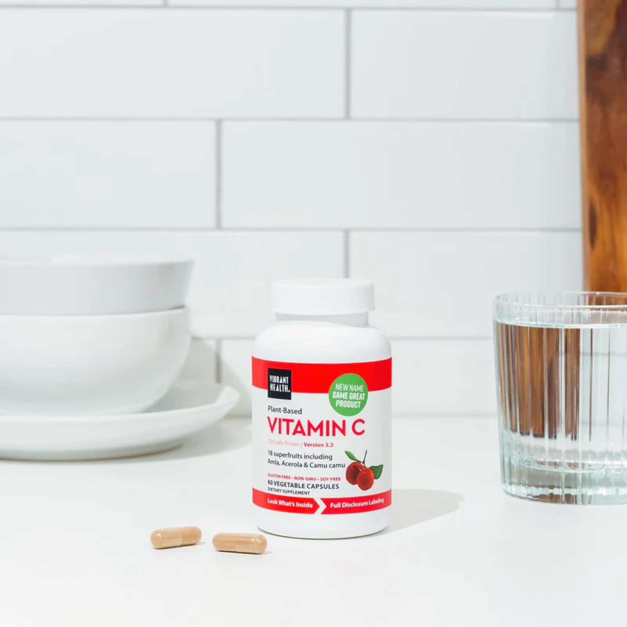 Vibrant Health Super Natural C vitamin C complex on a wooden table
