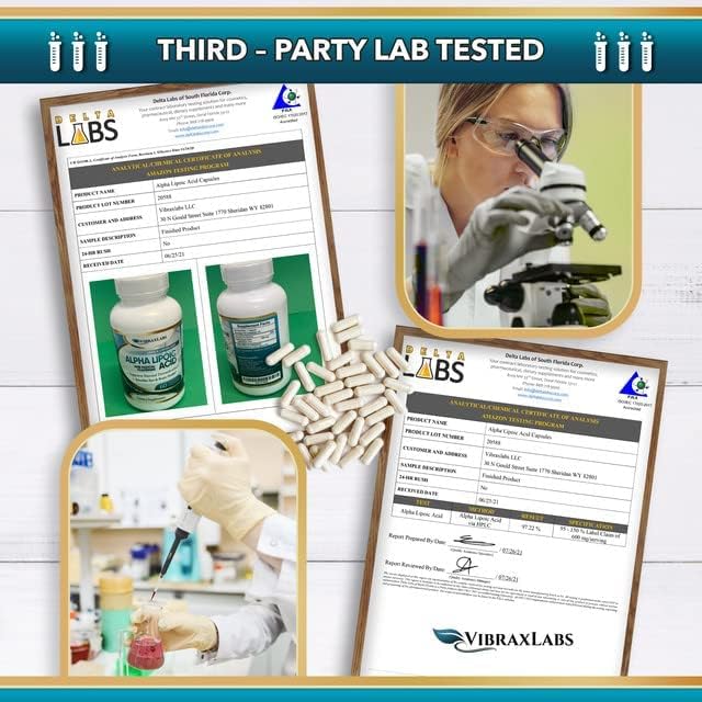 vibraxlabs Alpha Lipoic Acid 600 mg capsules on a wooden surface