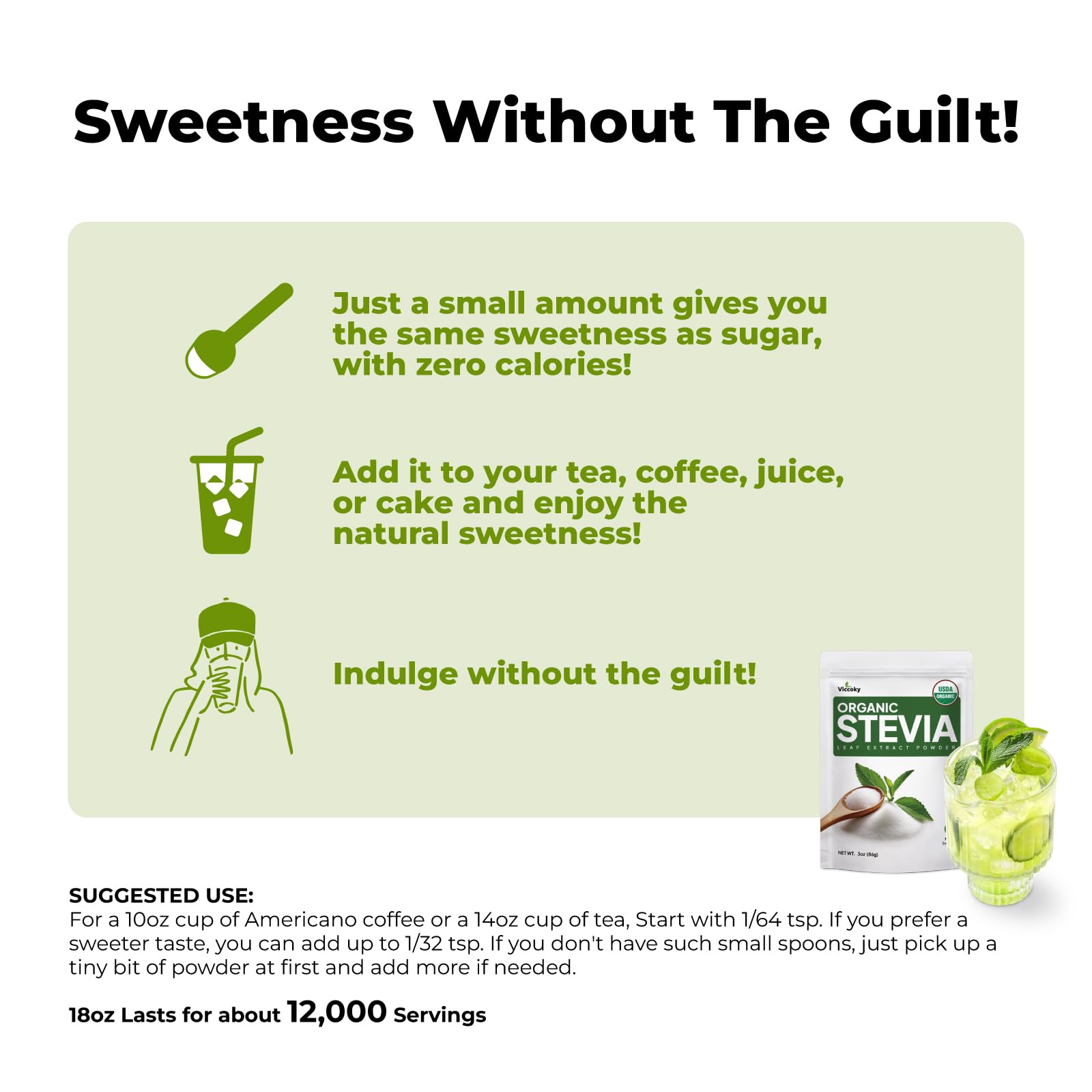 Viccoky Organic Stevia Powder scoop showing powder