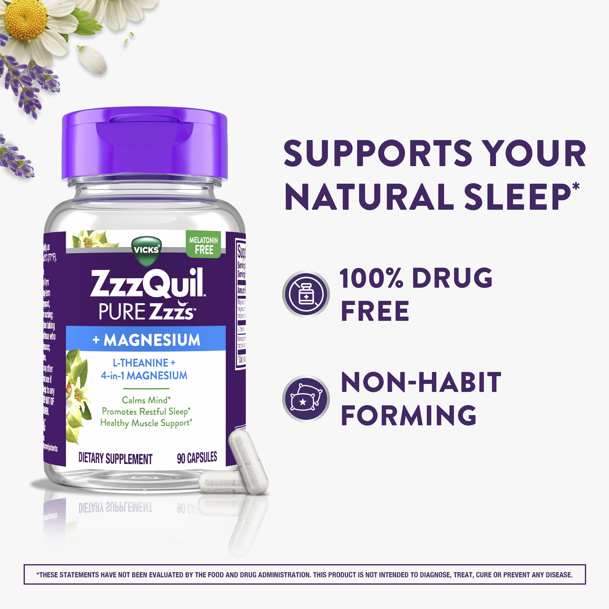 Vicks ZzzQuil PURE Zzzs +Magnesium Capsules back view