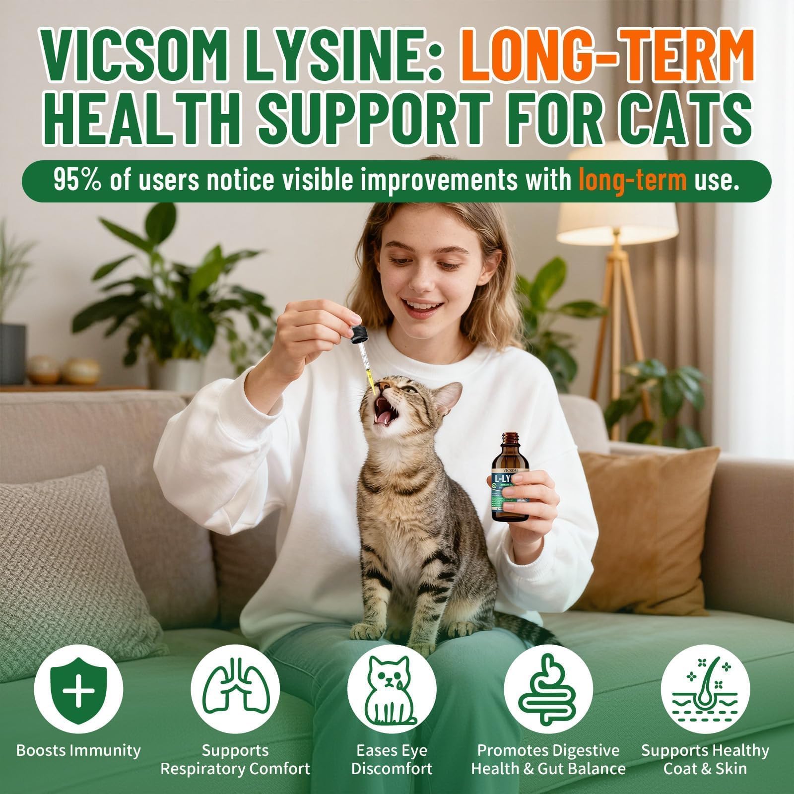 VICSOM L-Lysine for Cats 132g bottle with a happy cat
