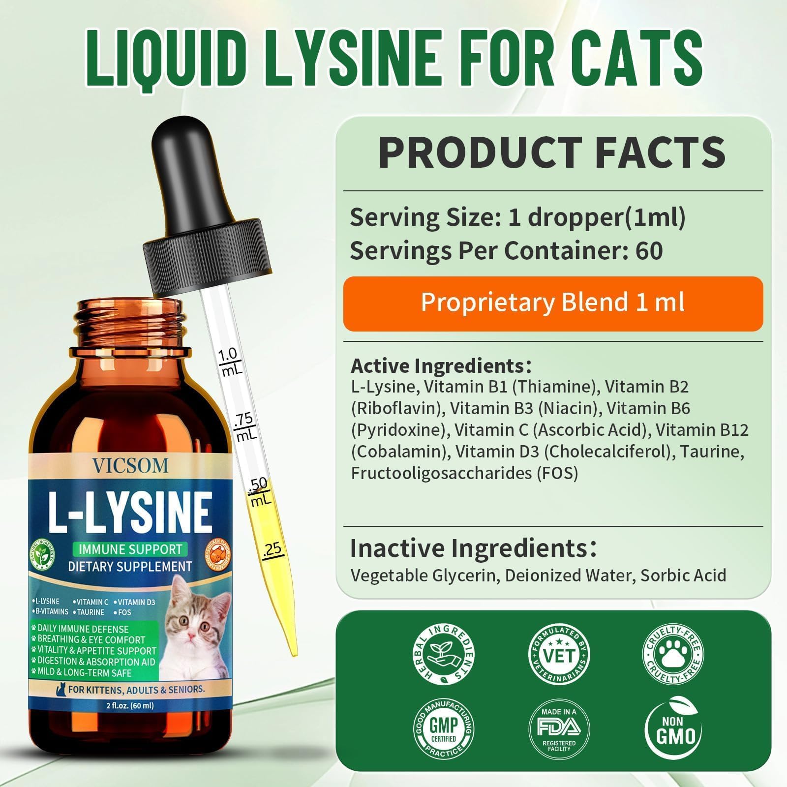 VICSOM L-Lysine for Cats 132g bottle with measuring cap