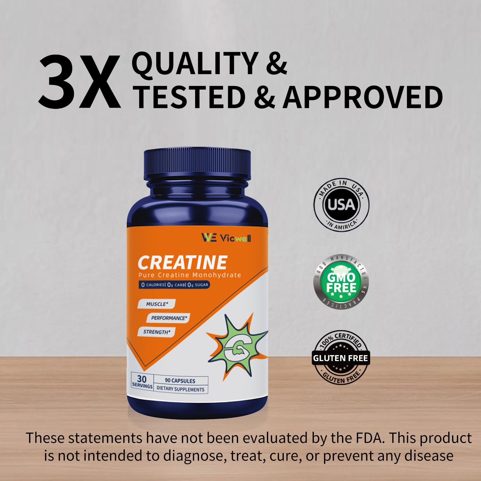 Vicwell Creatine Monohydrate Capsules on a gym bench