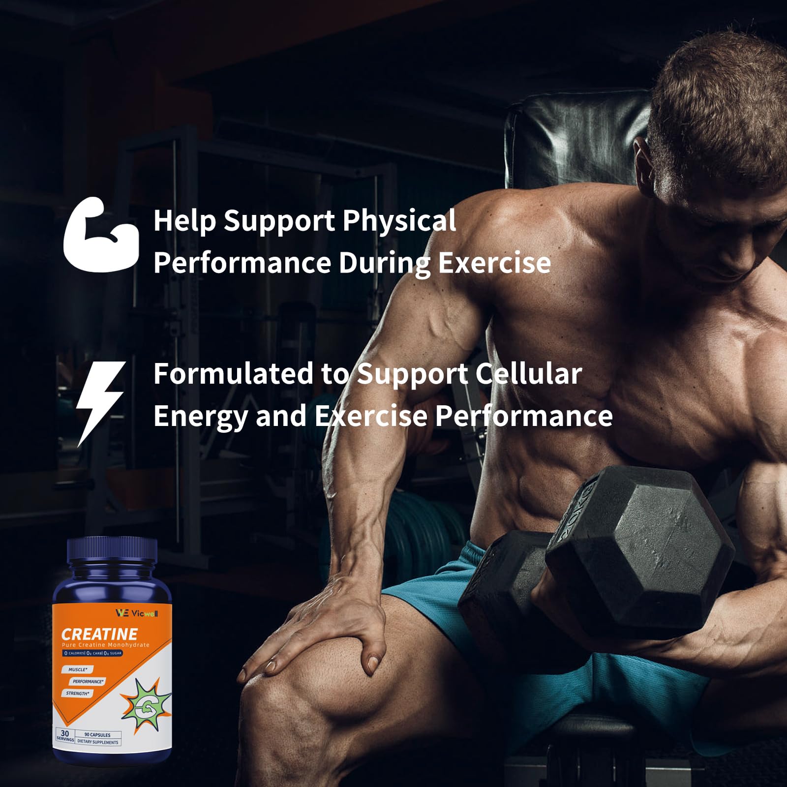 Vicwell Creatine Monohydrate Capsules with bottle label details