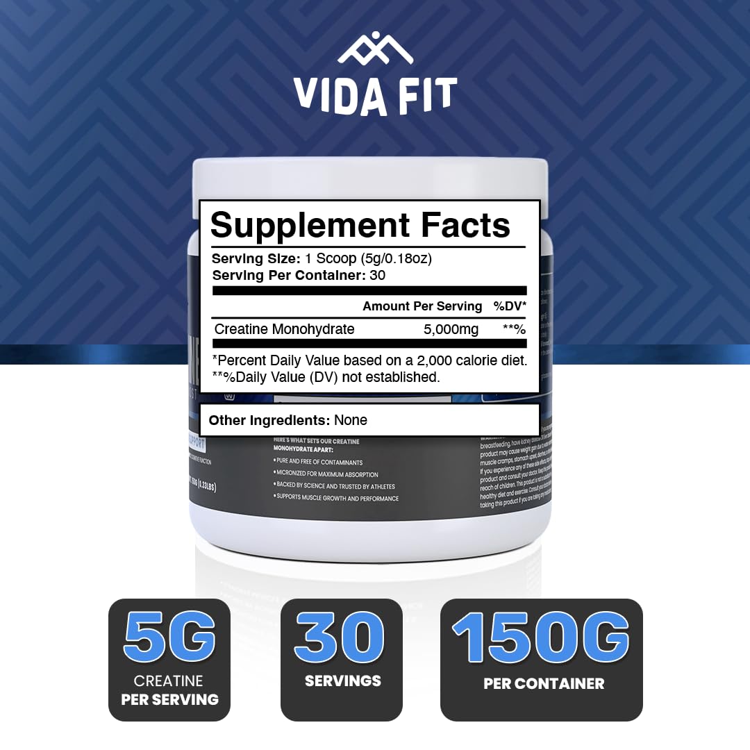 Vida Fit Creatine Monohydrate 150g unflavoured powder scoop