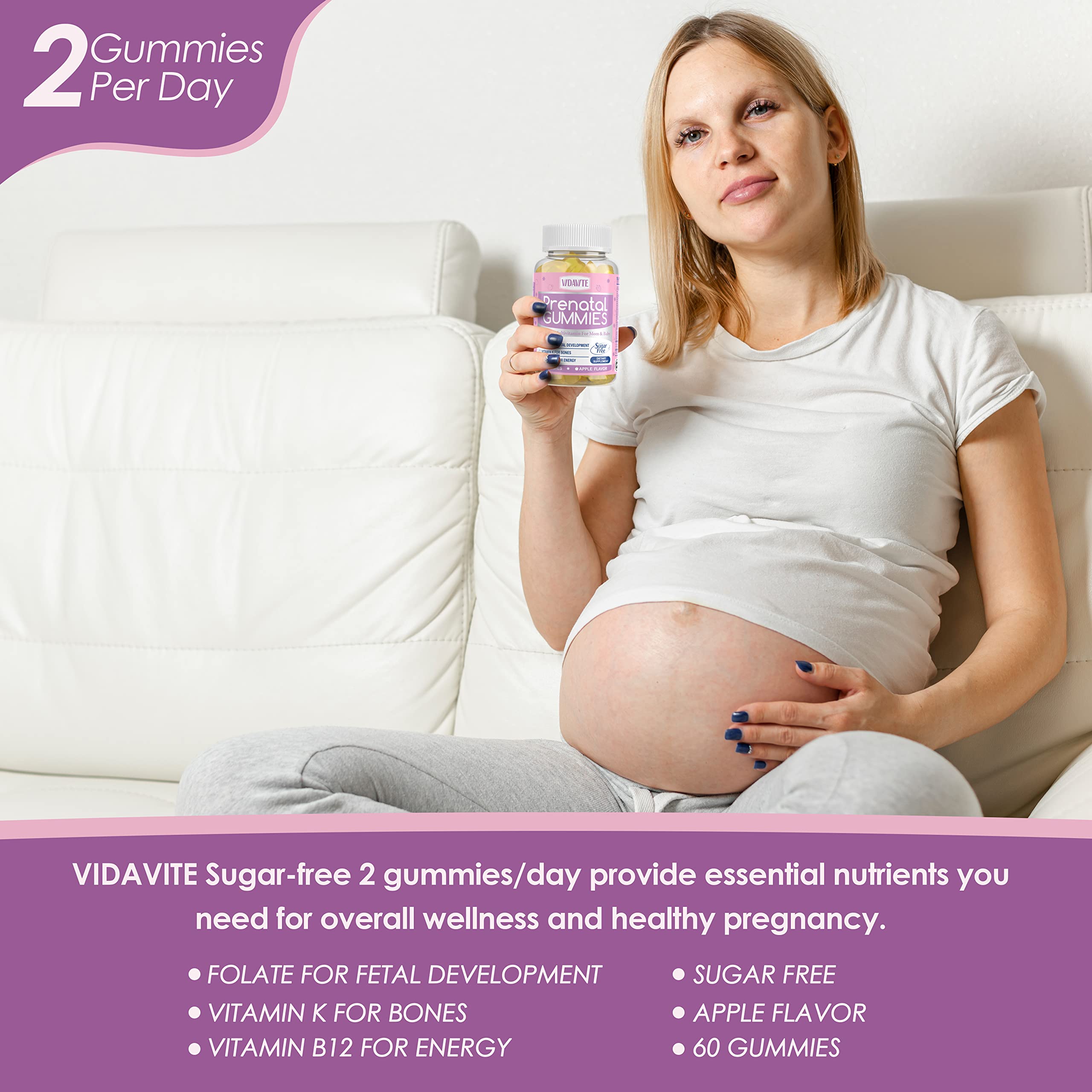 VIDAVITE Organic Prenatal Gummies side view with nutritional information