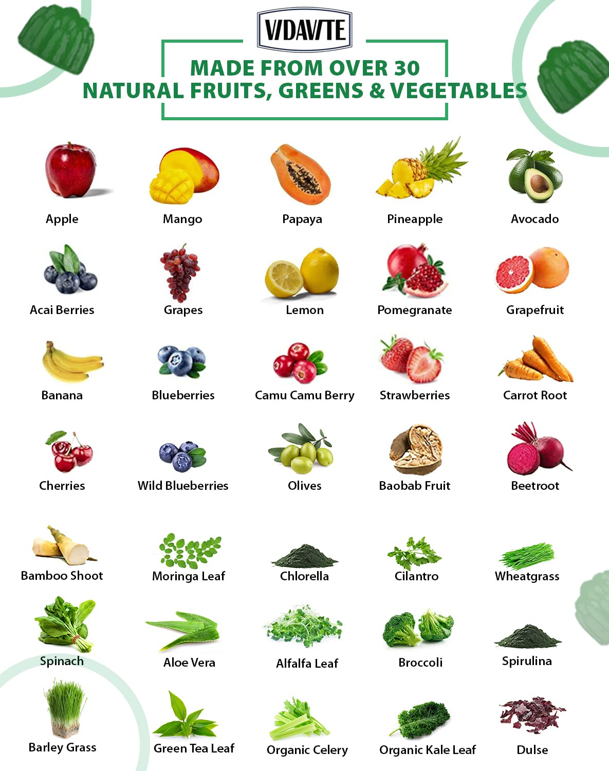 VIDAVITE Supergreens Gummies displayed with fresh fruits