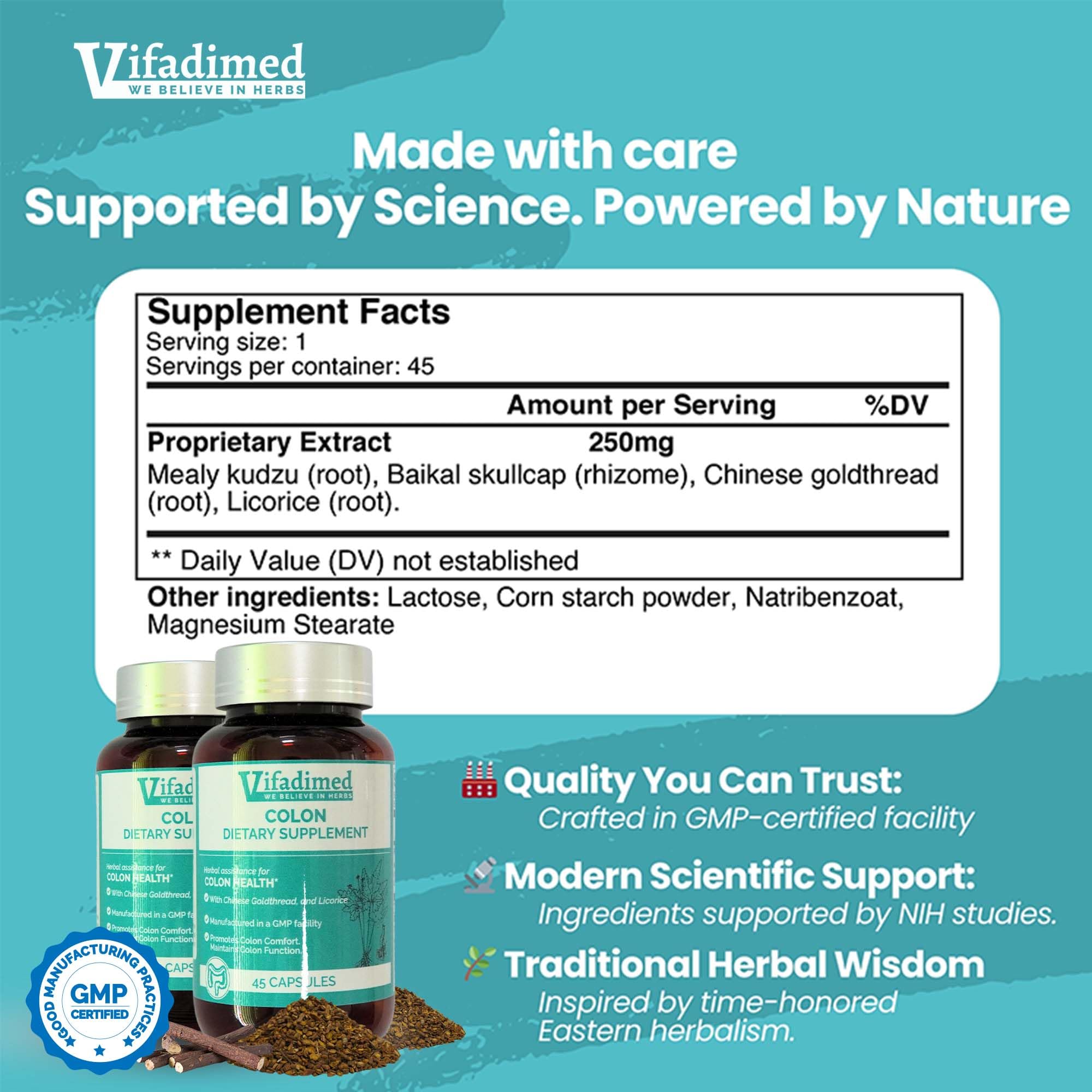 VIFADIMED Colon Herbal Supplement capsules on a wooden table