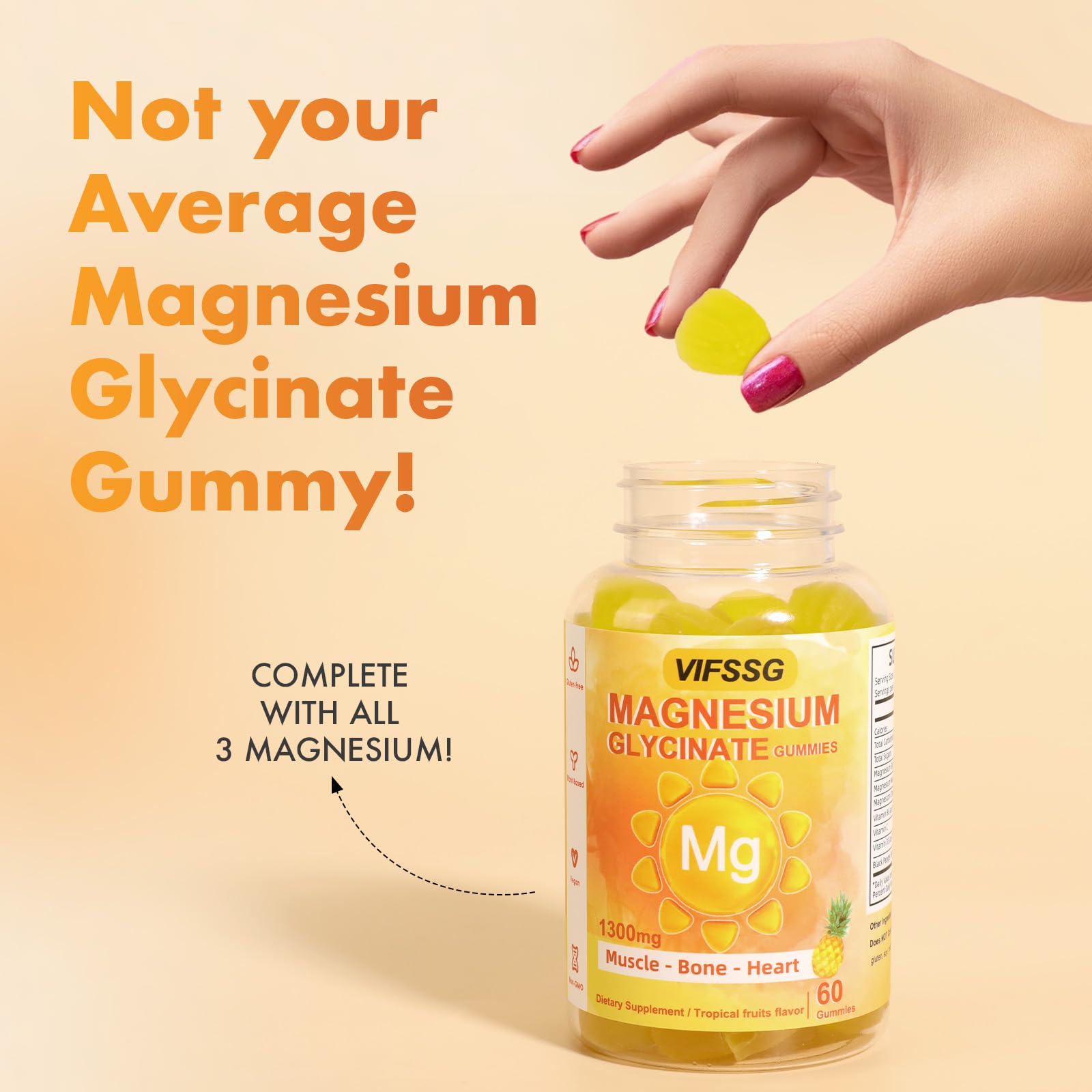 VIFSSG Magnesium Gummies with fresh mango background