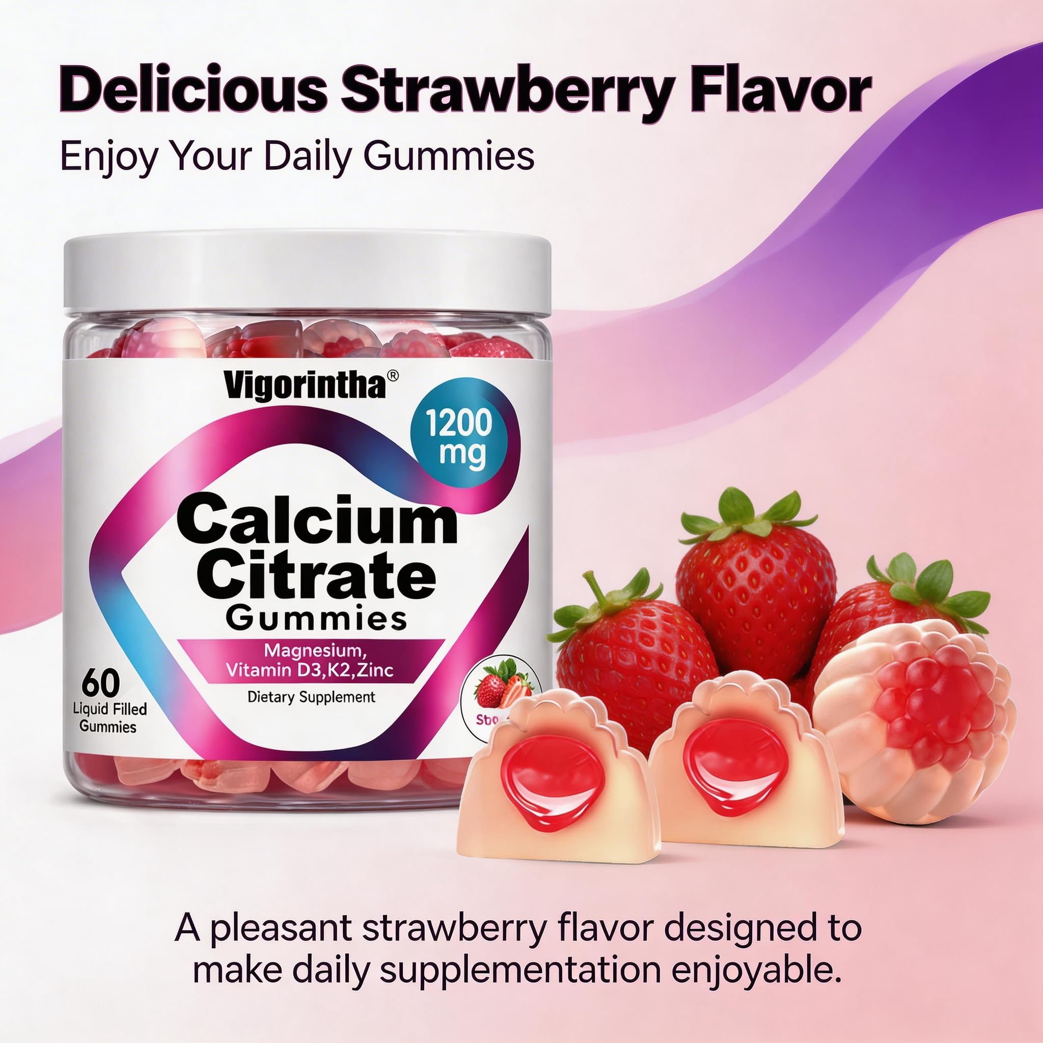 Vigorintha Calcium Gummies displayed on a kitchen counter