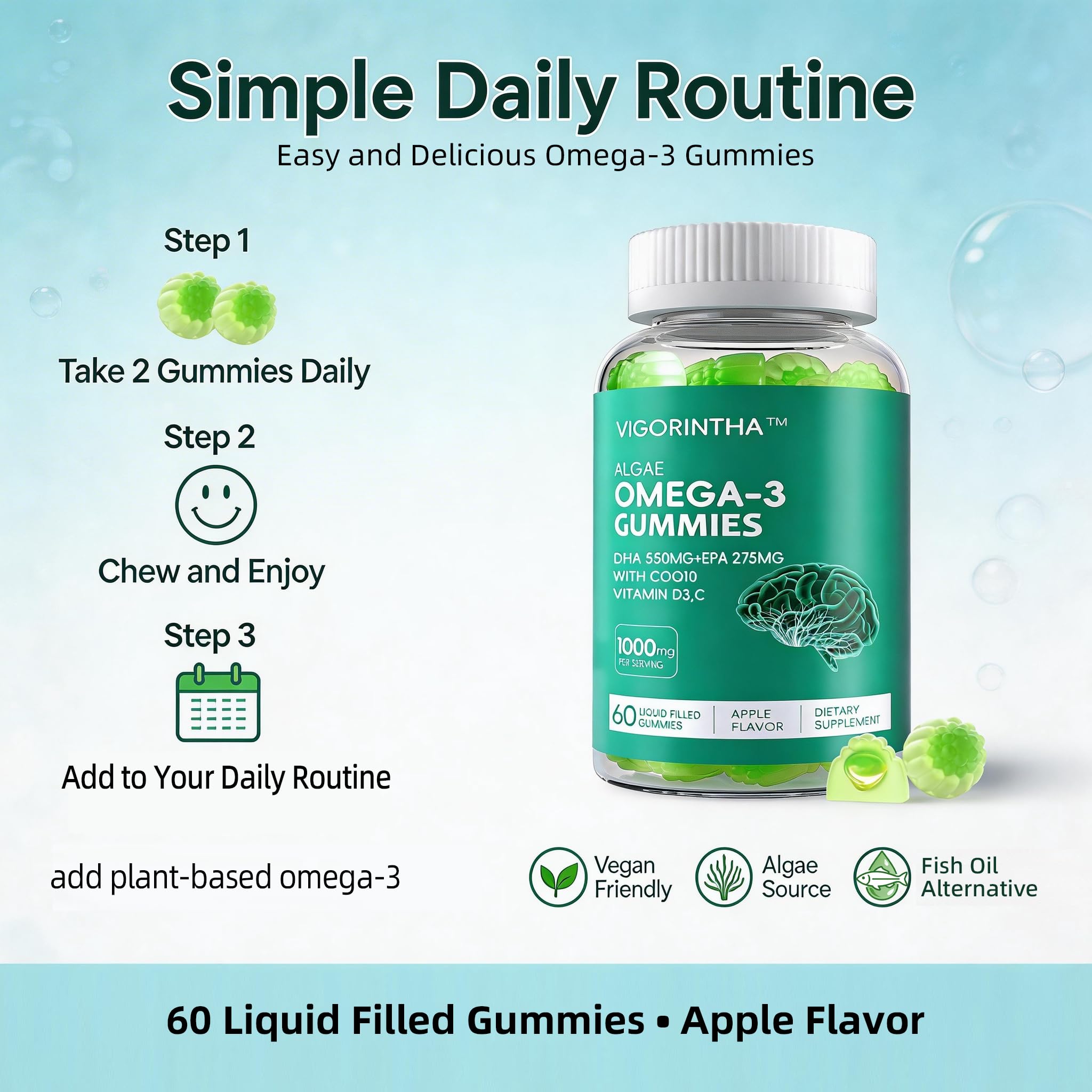 Vigorintha Omega-3 supplement displayed with a lifestyle setting