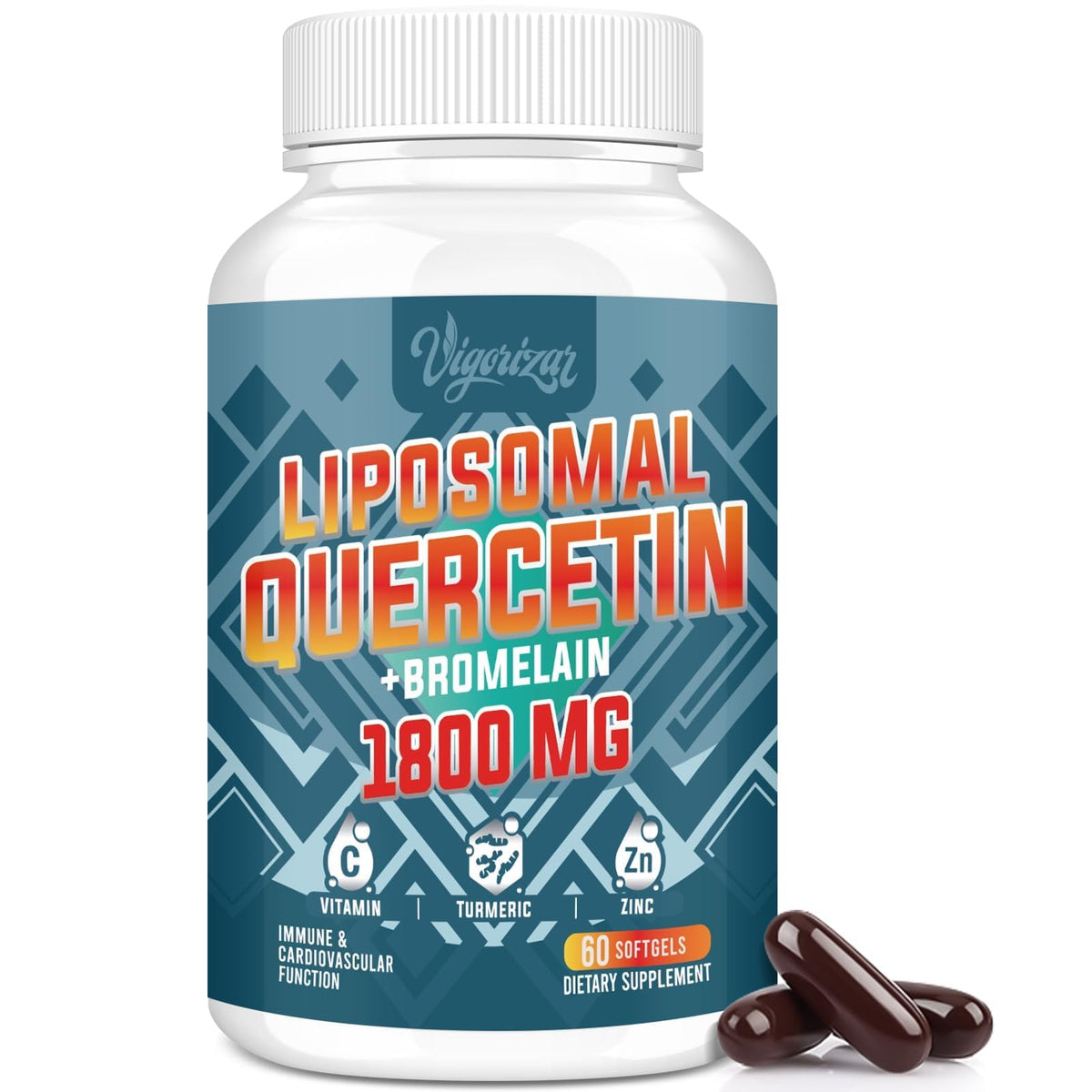 Vigorizar Quercetin 1600mg with Bromelain 200mg supplement front view