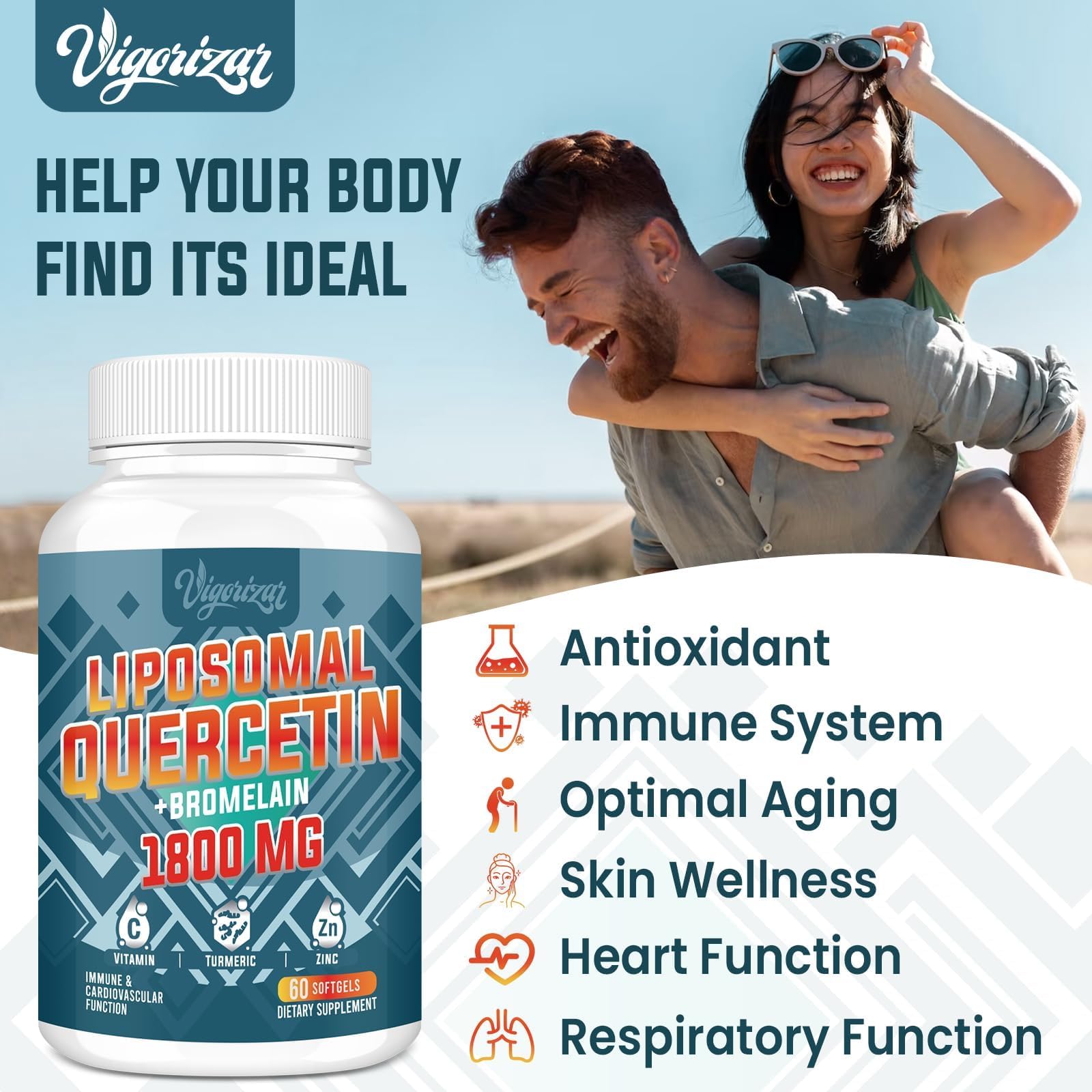 Vigorizar Quercetin 1600mg with Bromelain 200mg supplement packaging