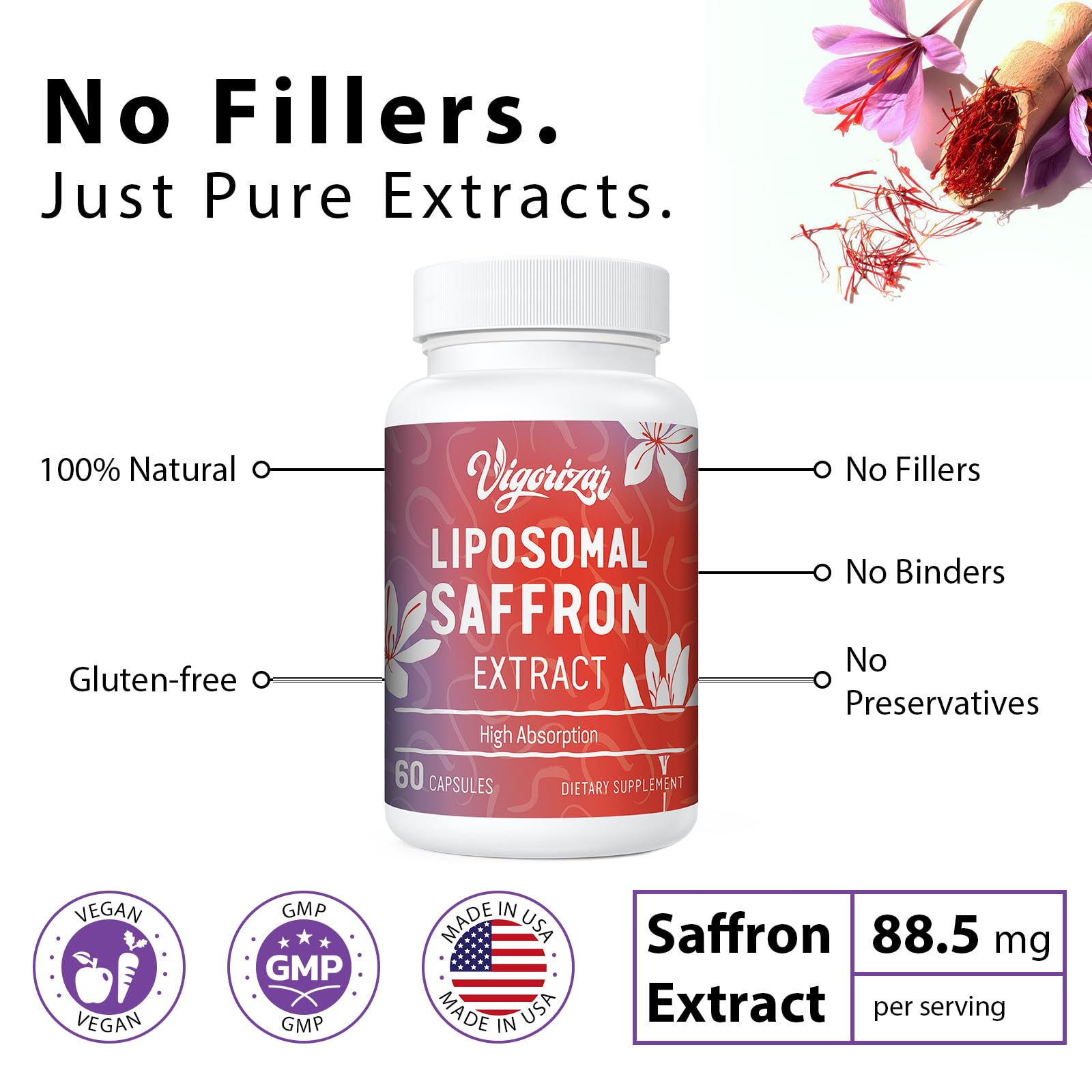 Vigorizar Saffron Extract Capsules 88.5 mg with measuring spoon