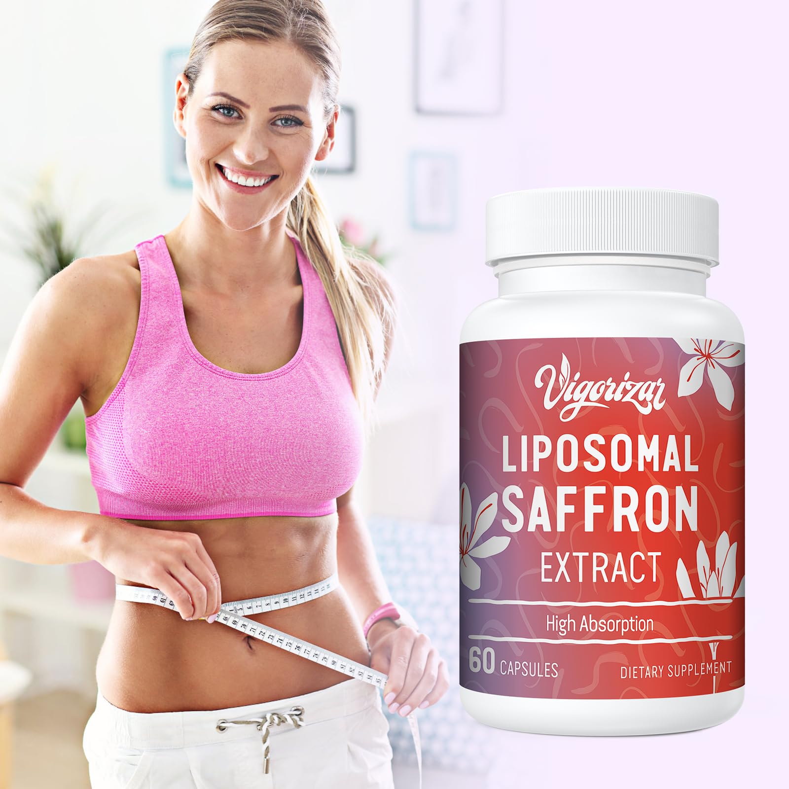 Vigorizar Saffron Extract Capsules with lifestyle background