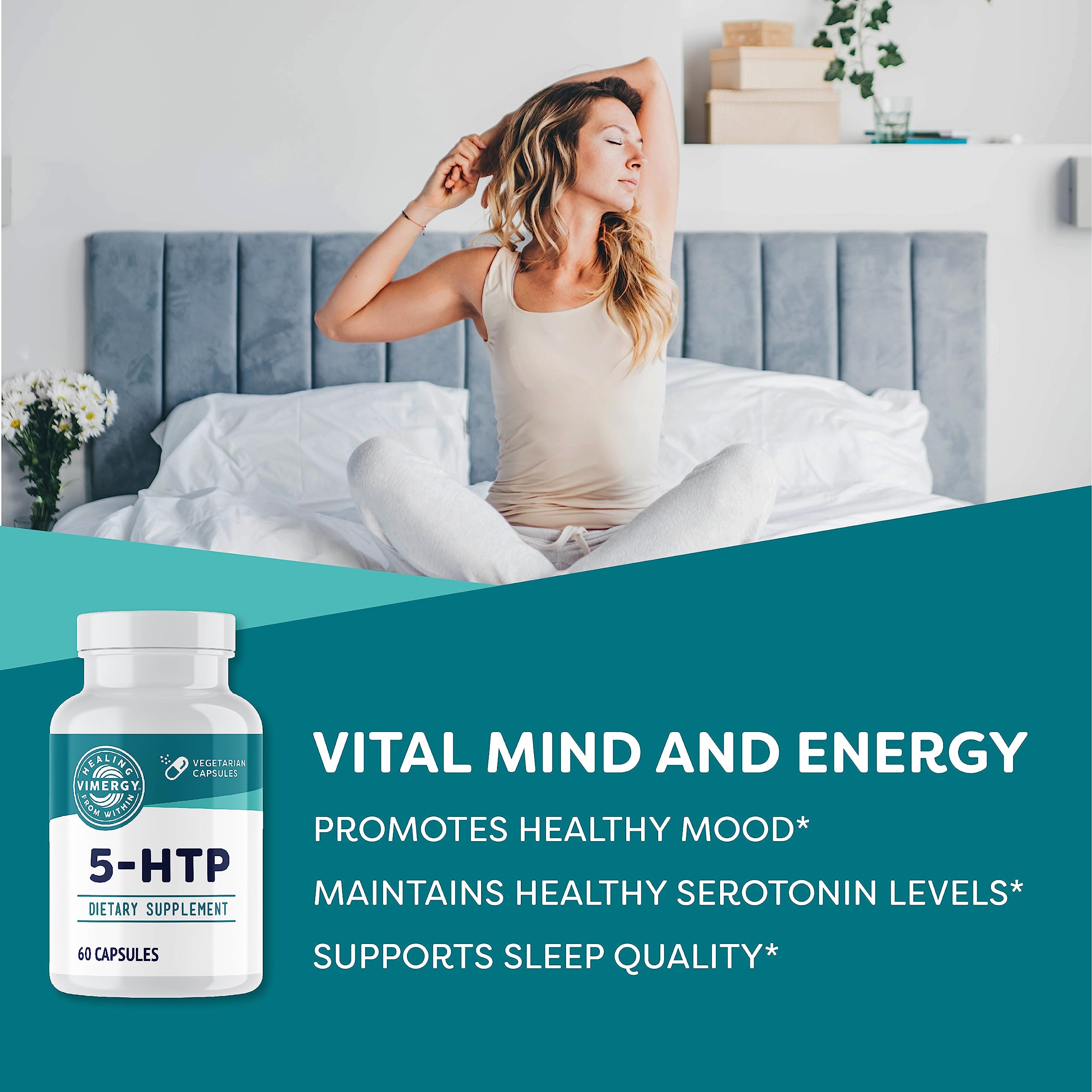 Vimergy 5-HTP Capsules showing three ingredient list