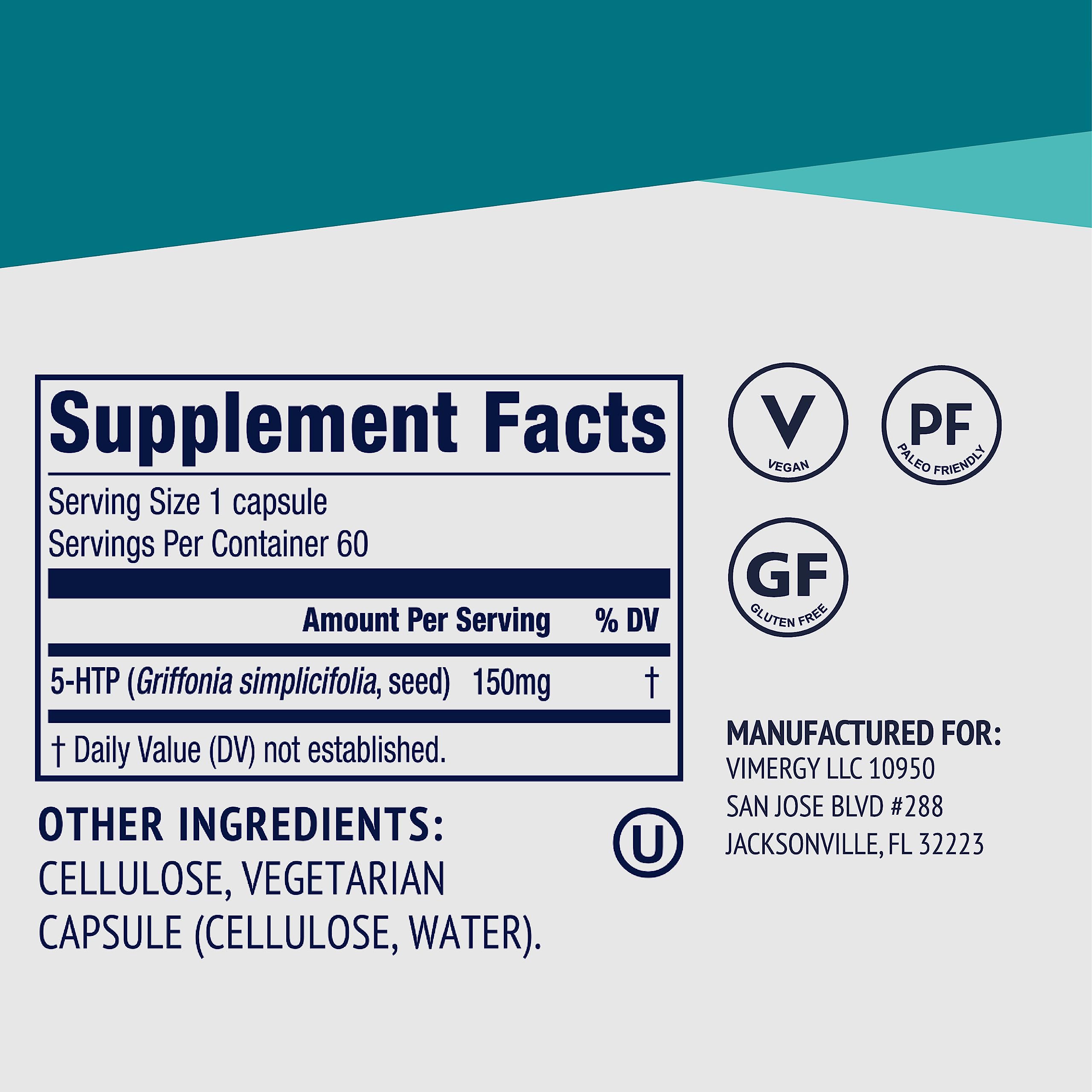 Vimergy 5-HTP Capsules side view with dosage information