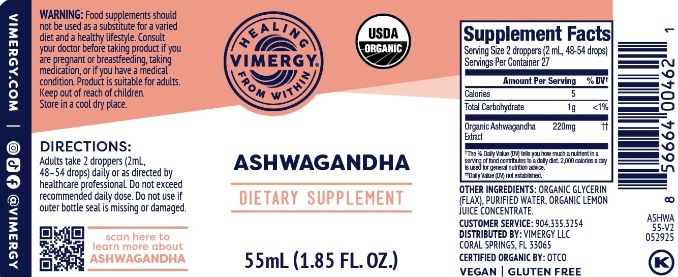 Vimergy Ashwagandha Liquid Extract packaging with ingredients list