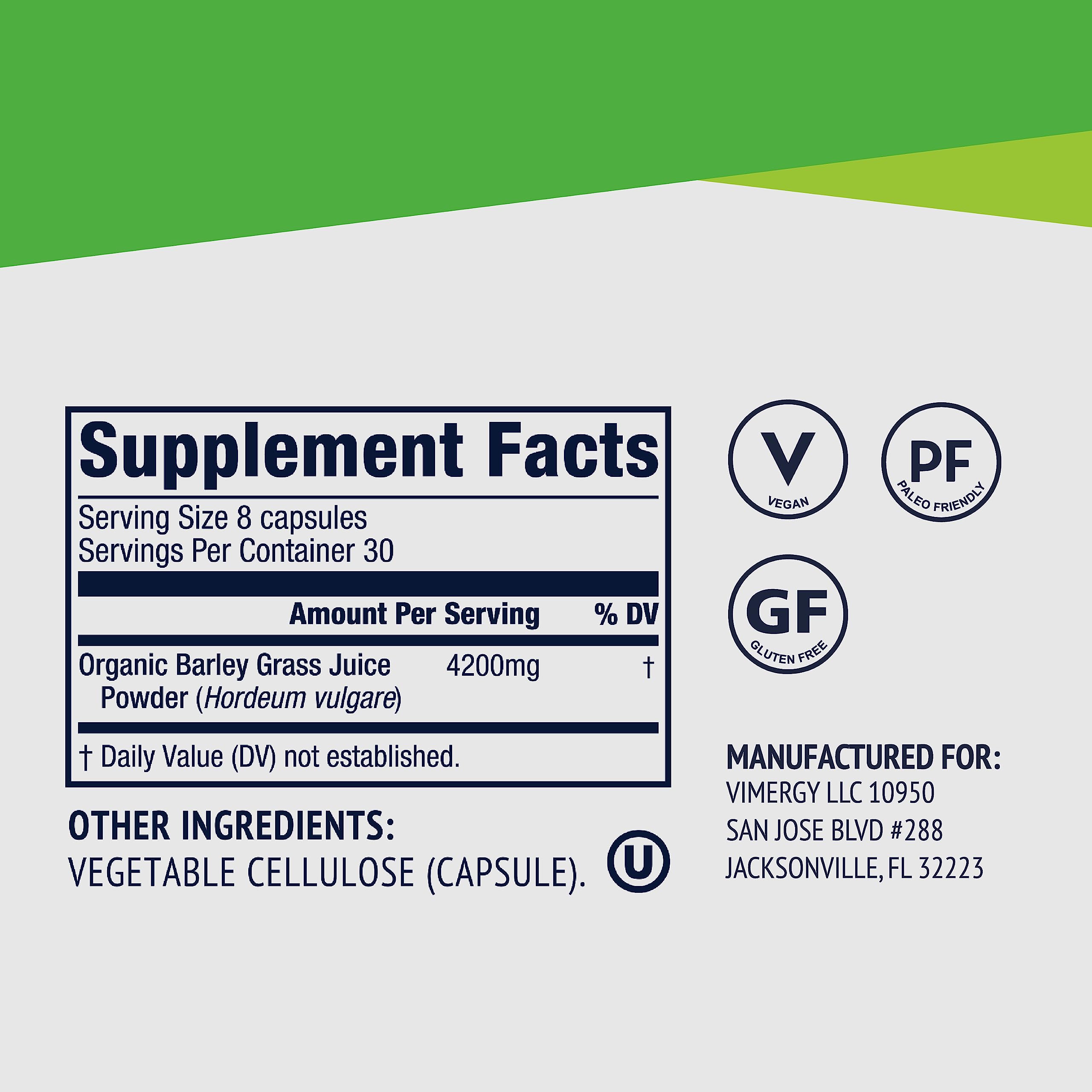 Vimergy Barley Grass Juice Capsules packaging with ingredients list