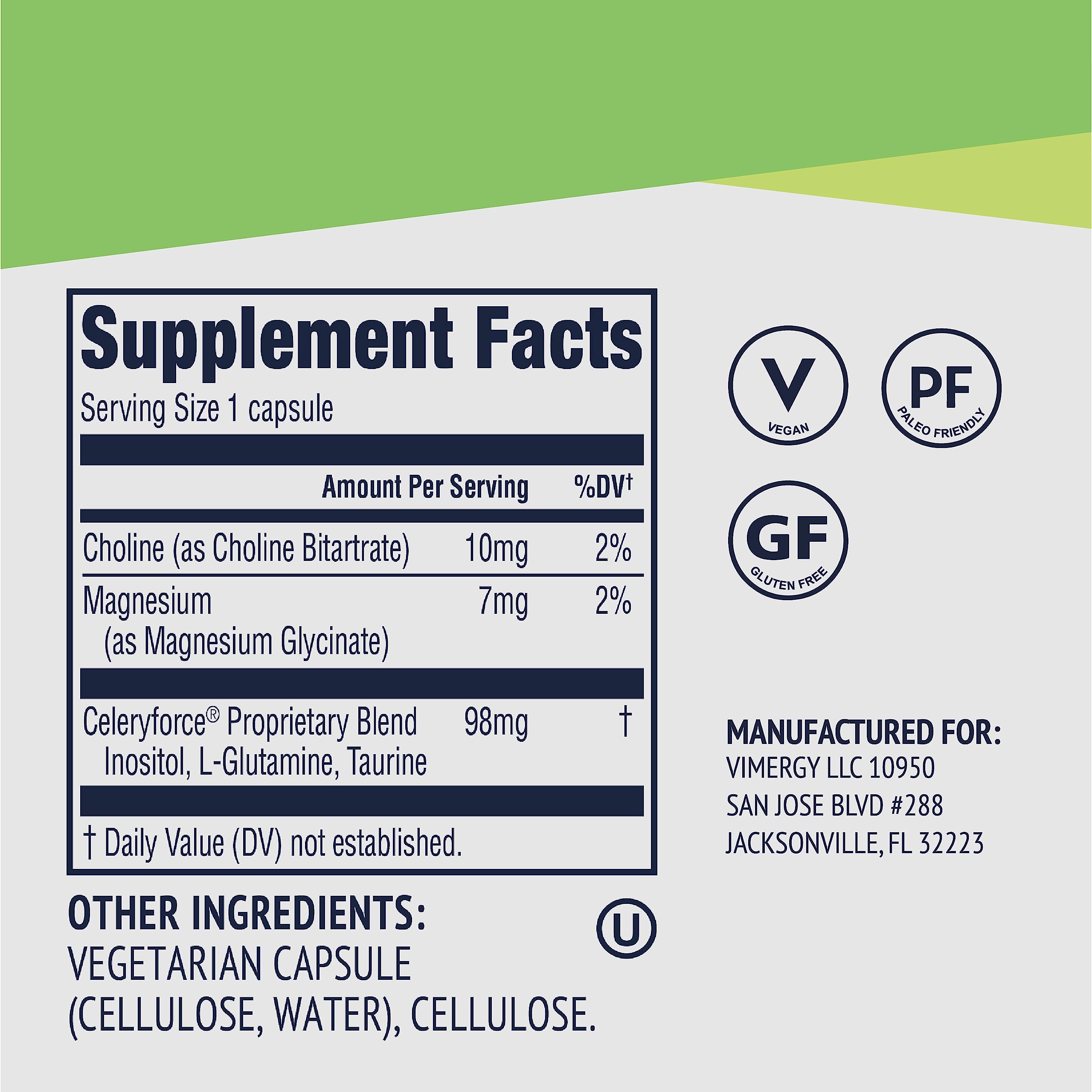 Vimergy Celeryforce capsules packaging with ingredients list