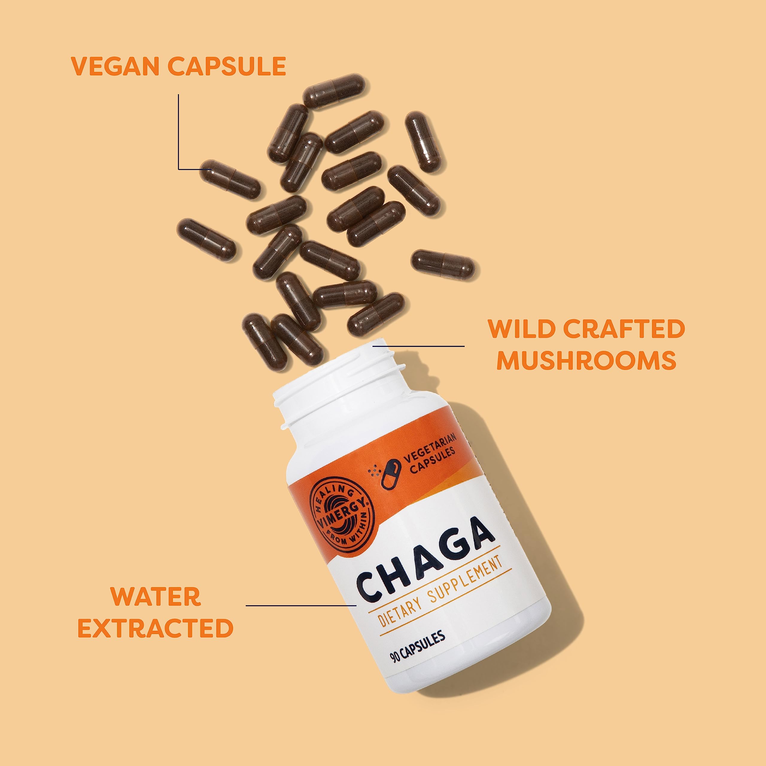 Vimergy Chaga Mushroom Capsules open bottle with capsules visible